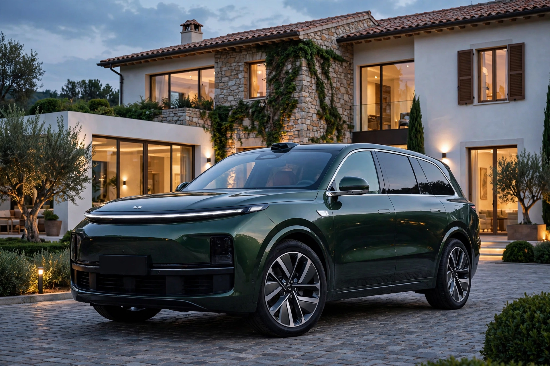 Li Auto i9 frente a una villa moderna al atardecer