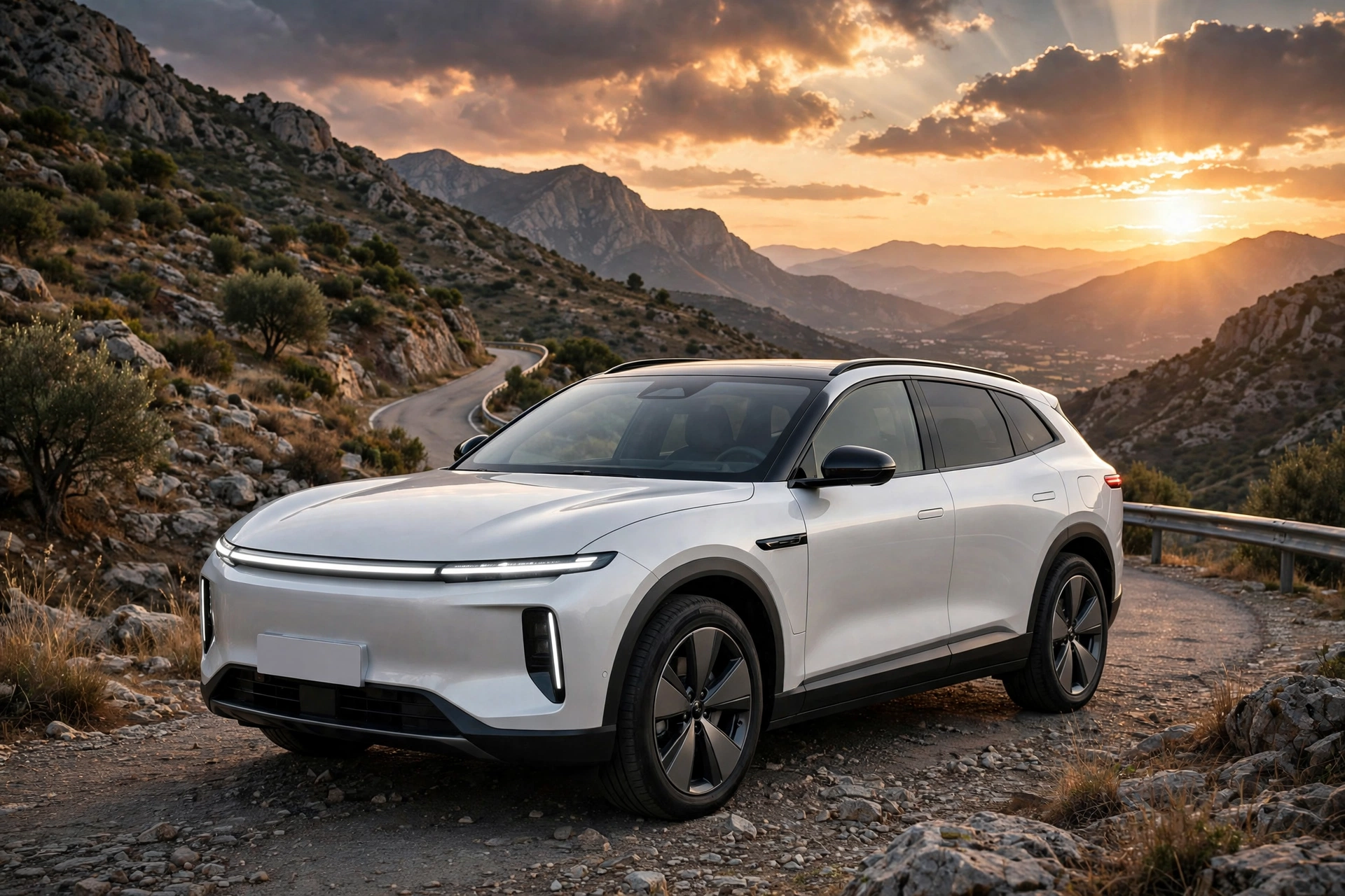 SUV híbrido de autonomía extendida blanco perla circulando por una carretera de montaña española al atardecer