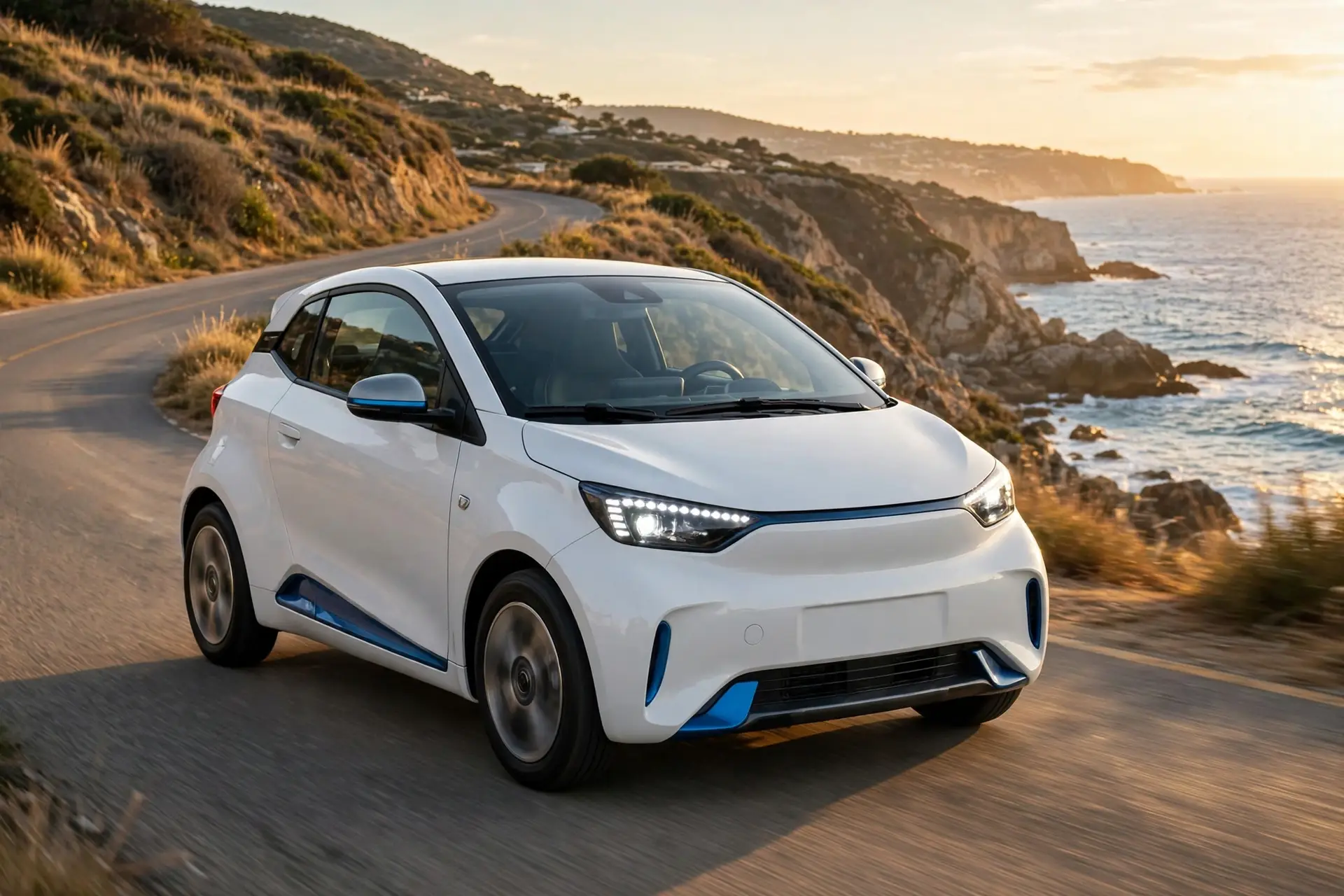 Ligier JS50 eléctrico 2026 en carretera costera al atardecer