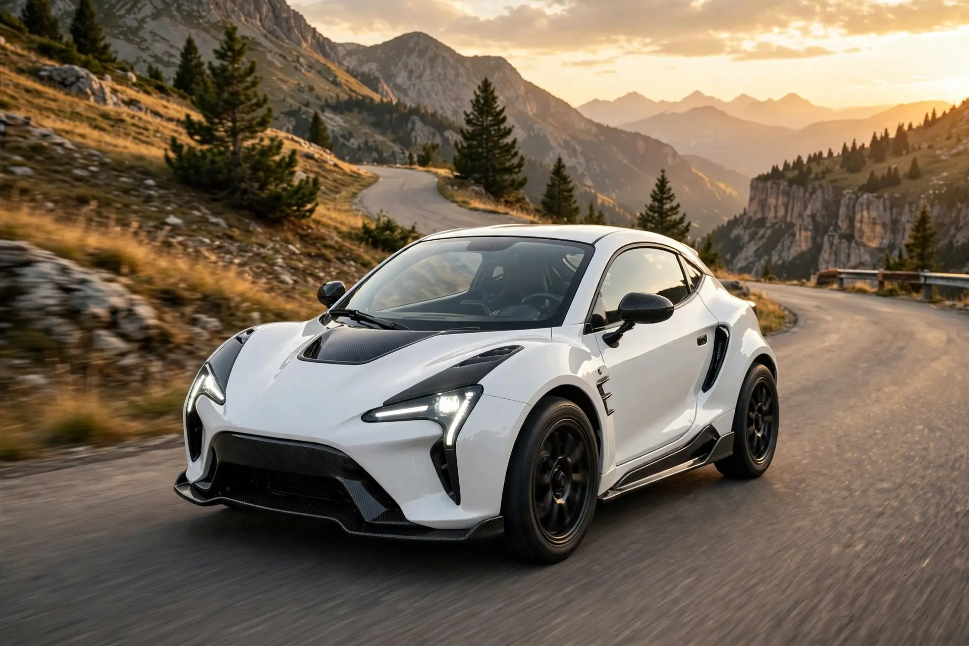 Ligier JS50 Select 2026 en carretera de montaña al atardecer