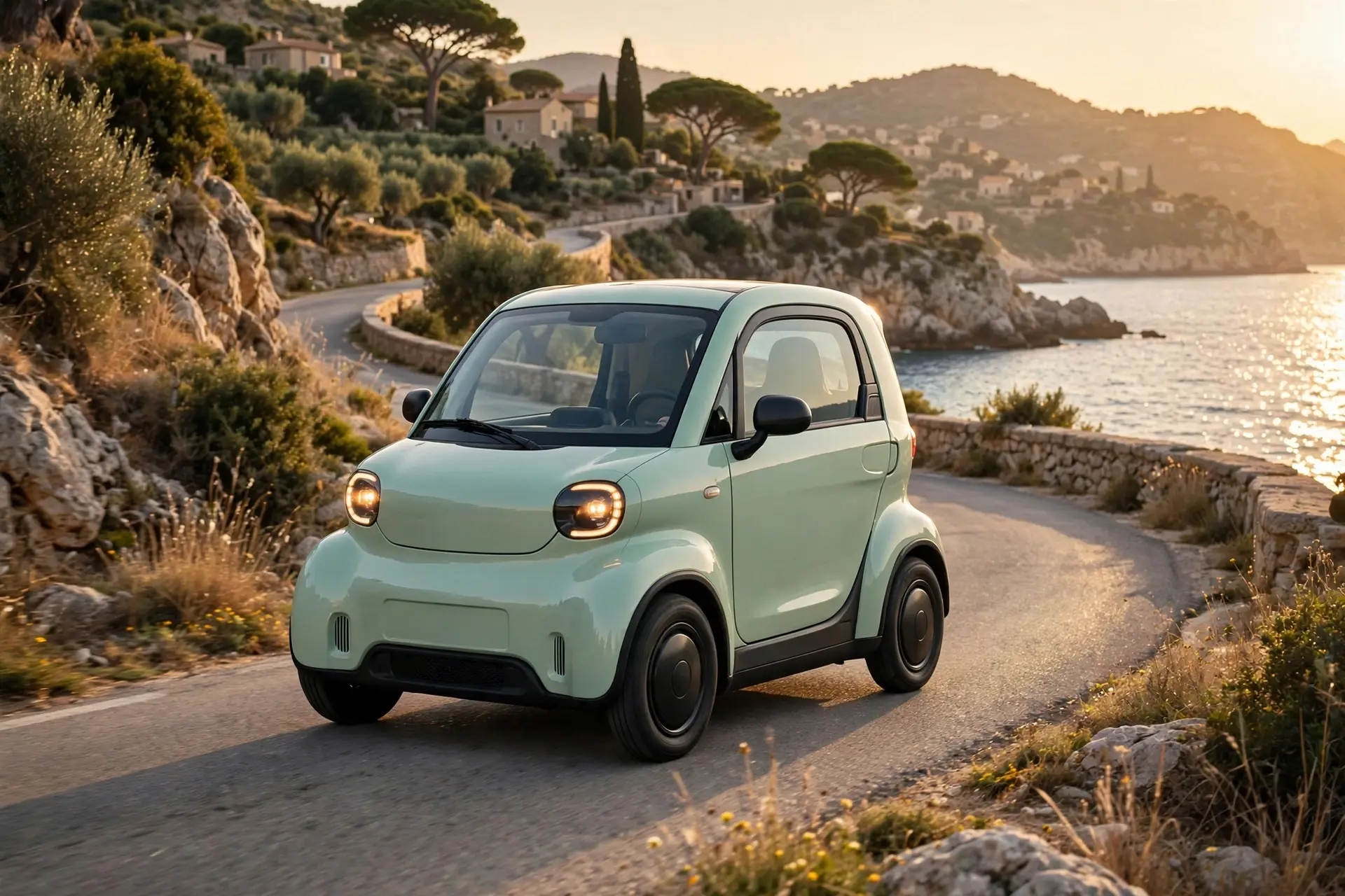 Ligier Myli eléctrico en carretera costera al atardecer