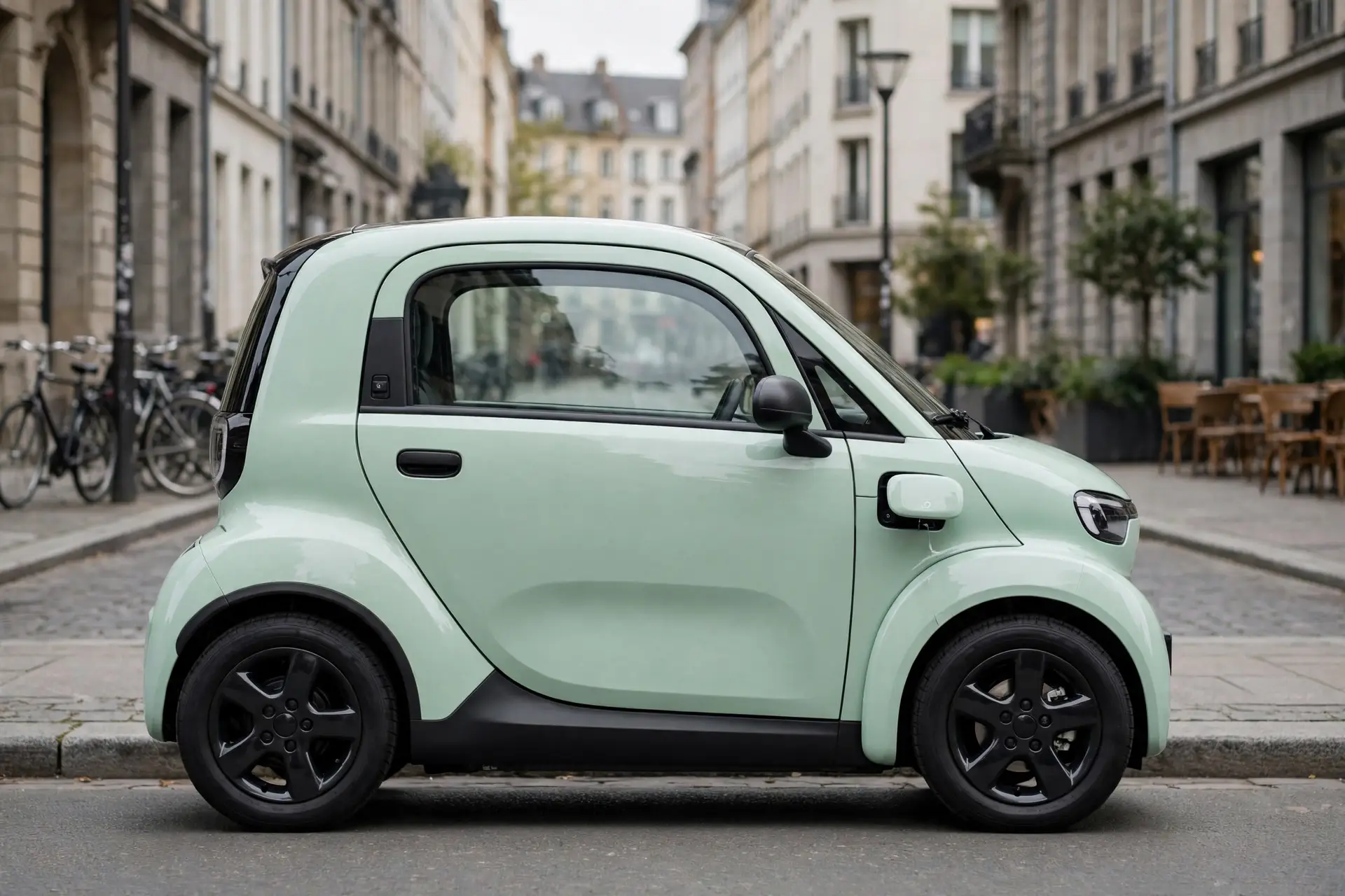Ligier Myli eléctrico, vista lateral en ciudad