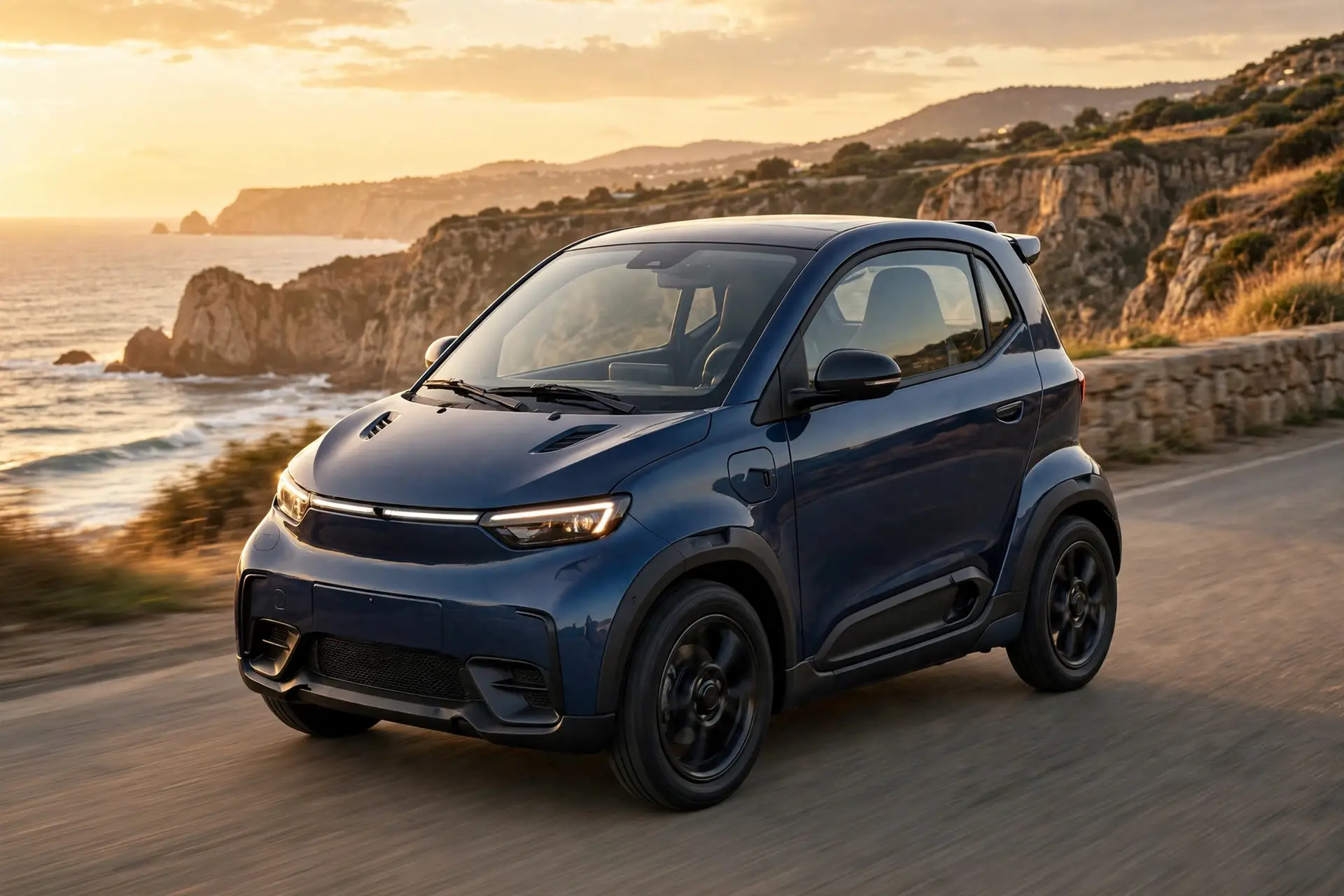 Ligier Myli L7e eléctrico en autopista al atardecer