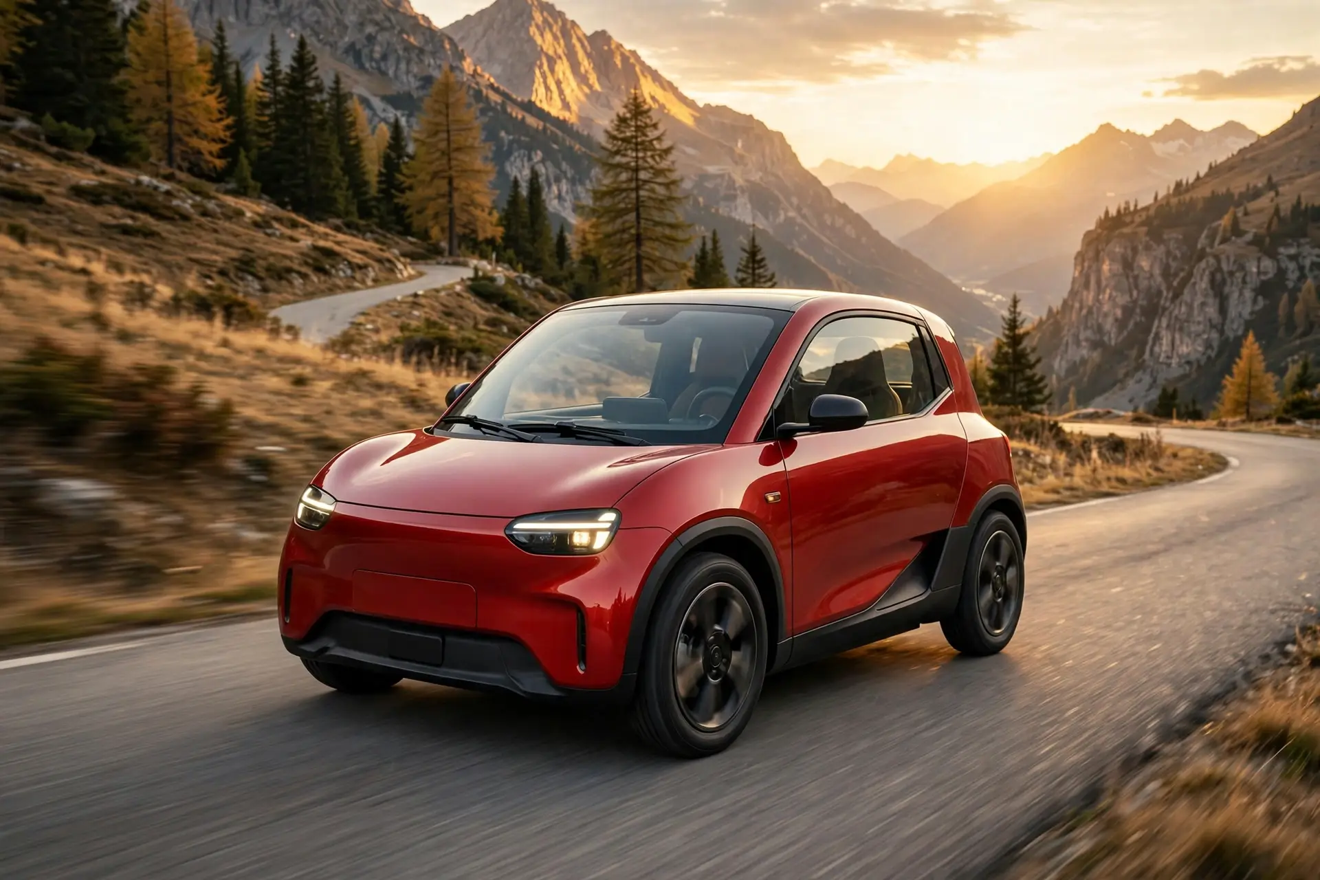 Ligier Myli LAB 2026 eléctrico en carretera de montaña al atardecer
