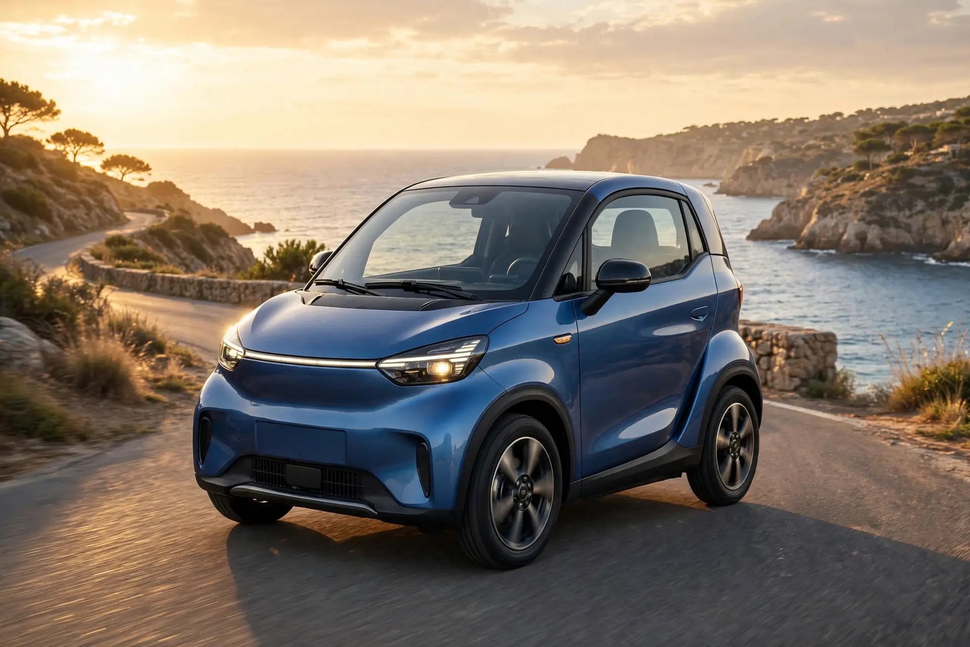 Ligier Myli MAX 2026 eléctrico en carretera costera al atardecer