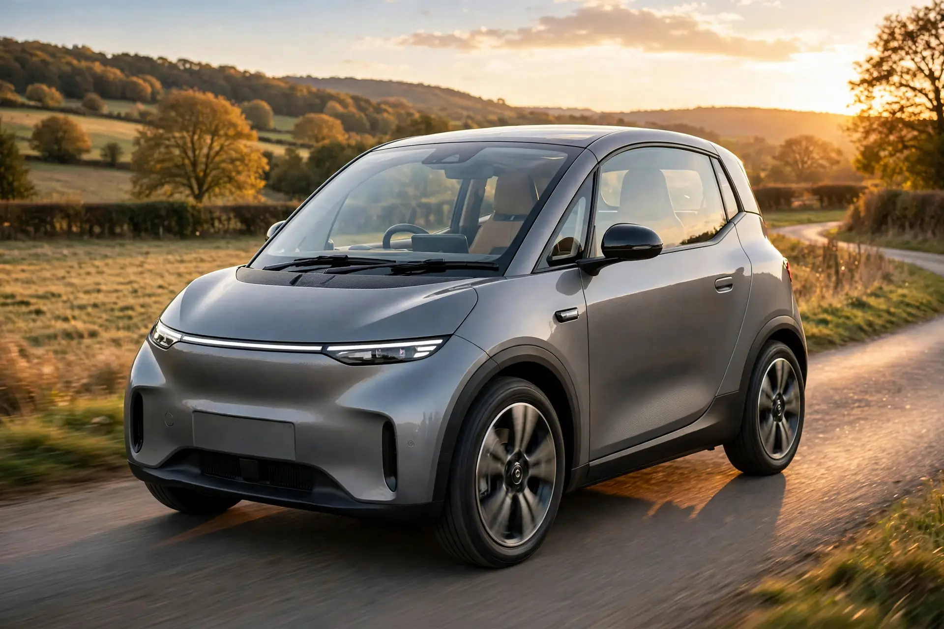 Ligier Myli MAX Confort 2026 eléctrico en carretera al atardecer