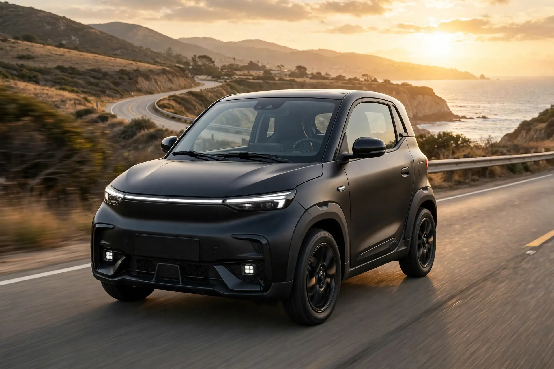 Ligier Myli MAX Confort L7e 2026 eléctrico en autopista al atardecer