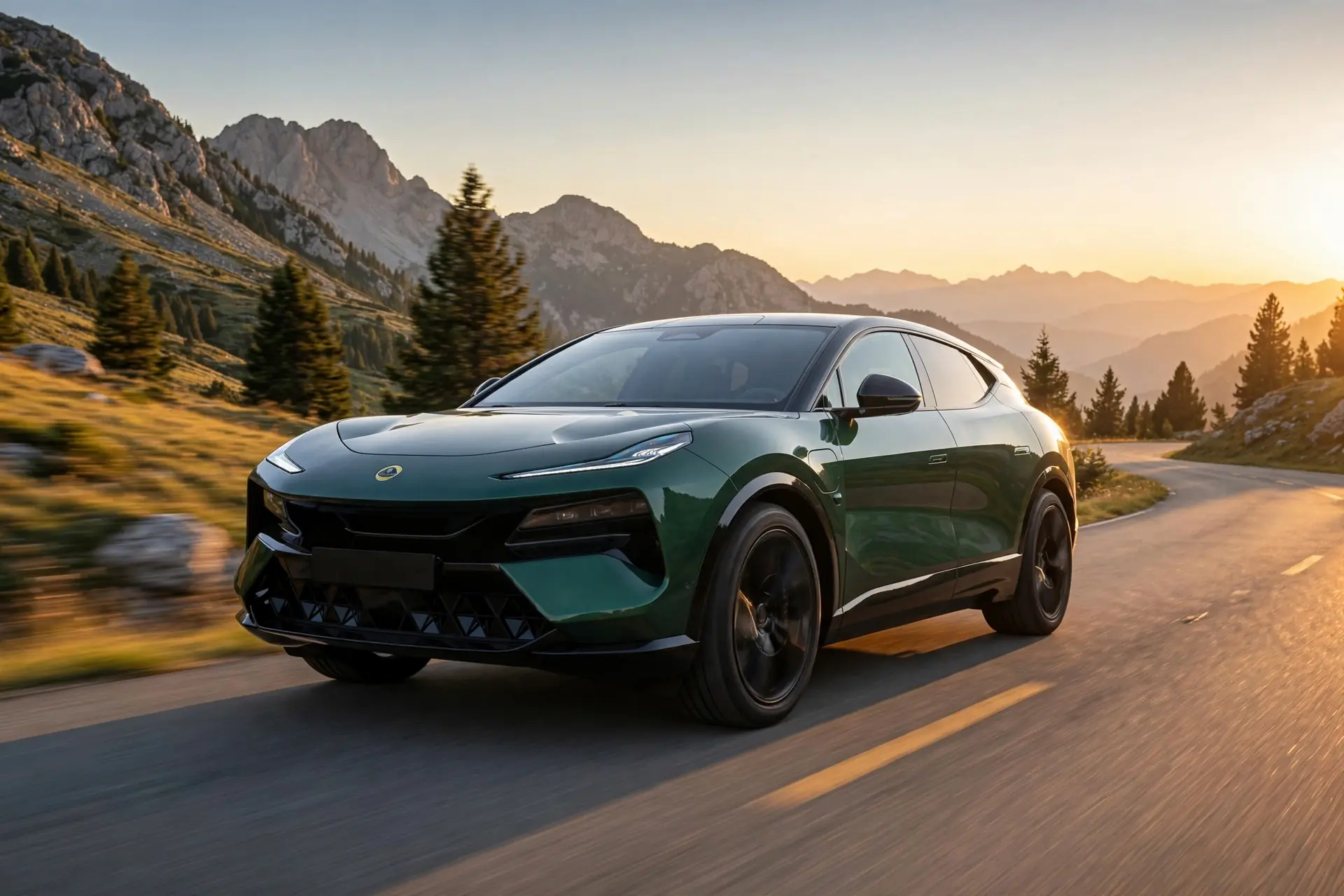 Lotus Eletre 600, tres cuartos delantero en carretera de montaña