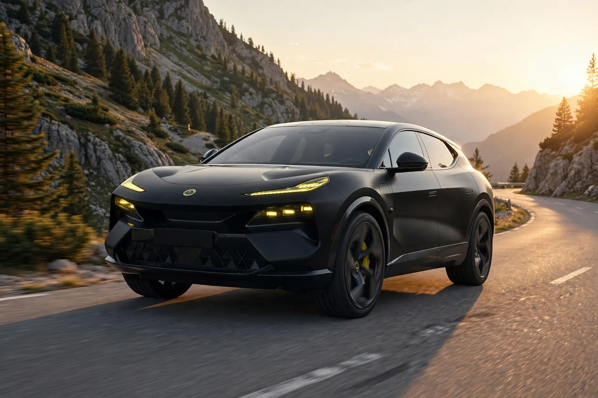 Lotus Eletre 900 Sport negro, tres cuartos delantero en carretera