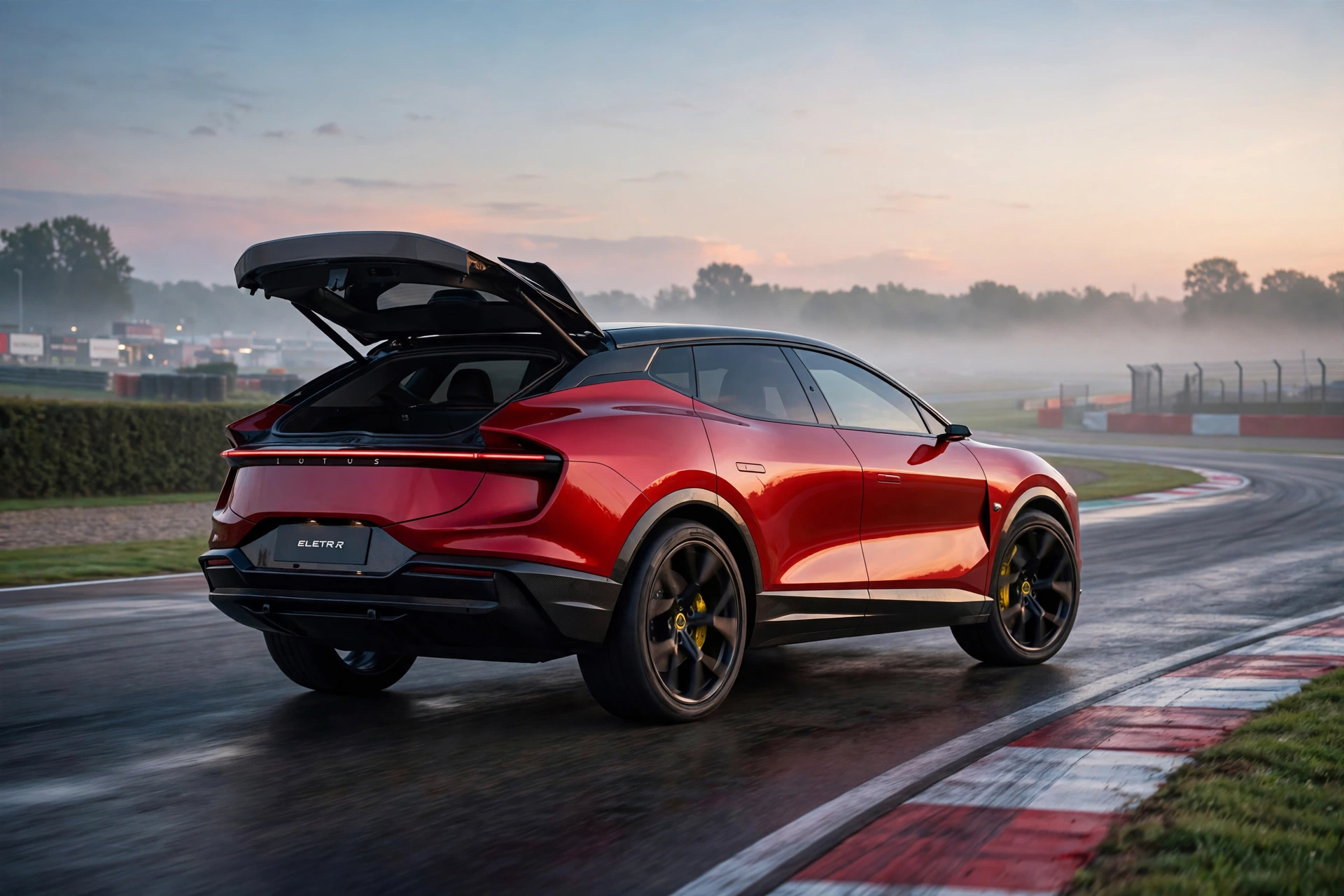 Lotus Eletre R+ rojo con el alerón trasero desplegado en un circuito al amanecer