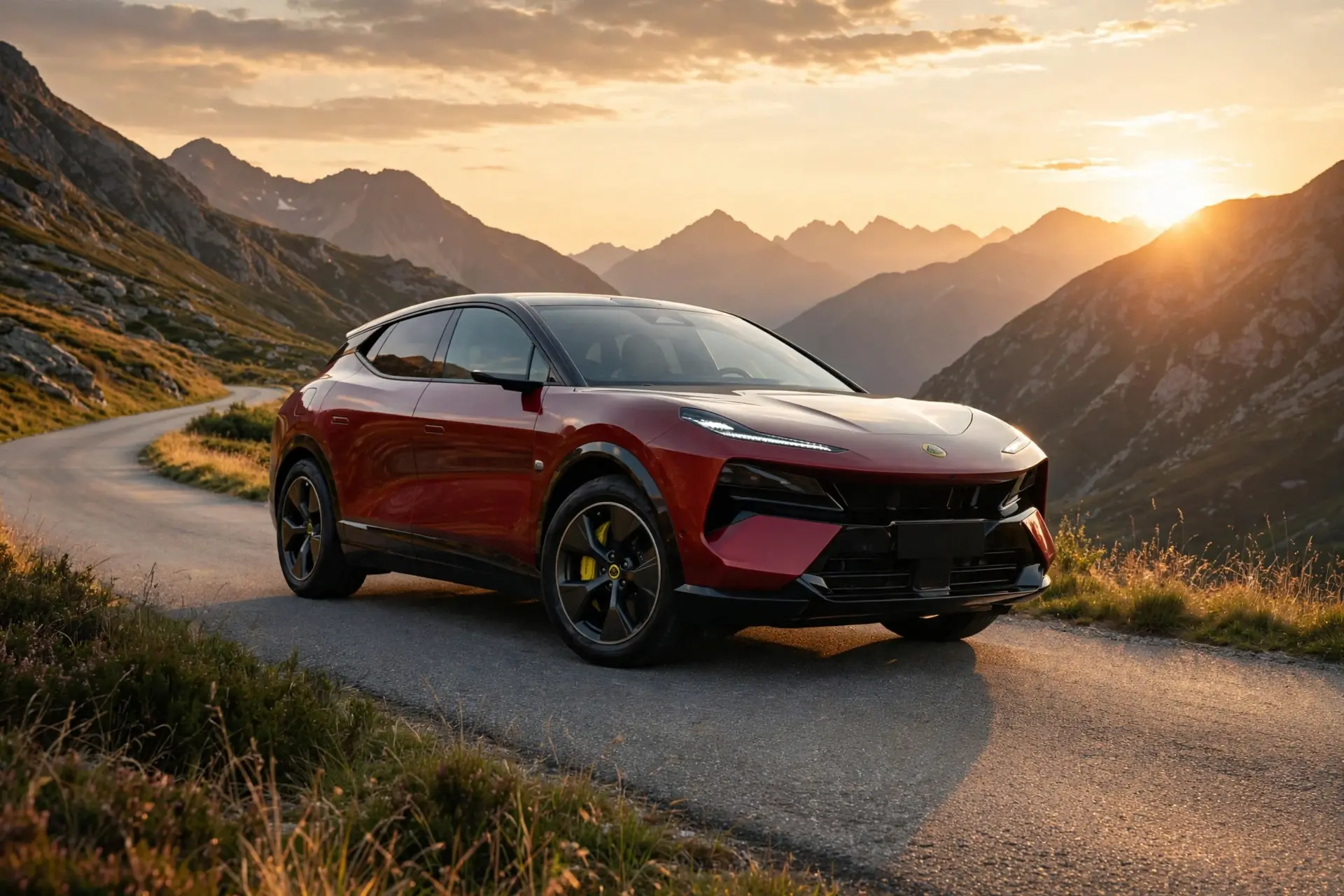 Lotus Eletre X H1000 rojo en carretera de montaña