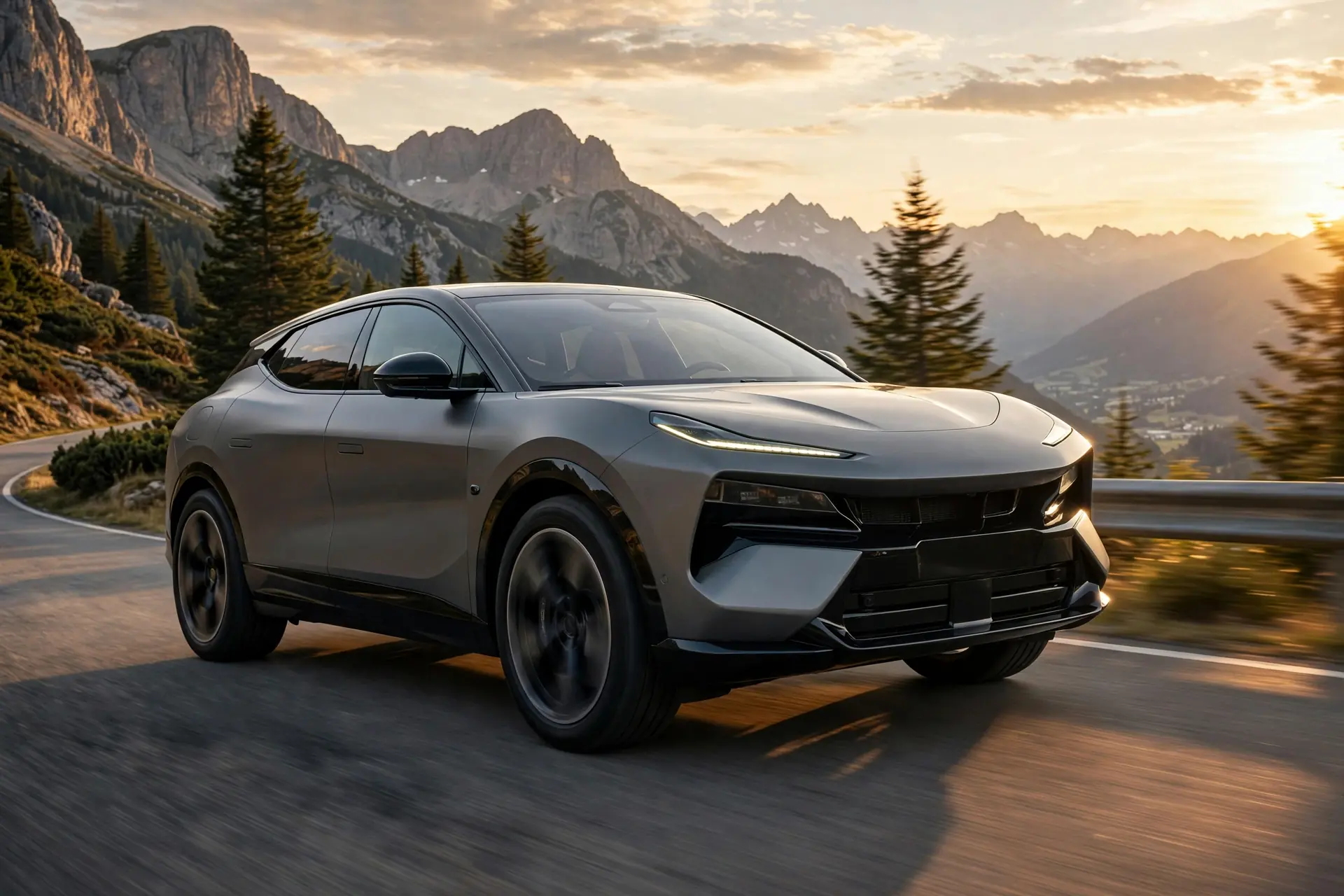 Lotus Eletre X H550 gris, tres cuartos delantero en carretera