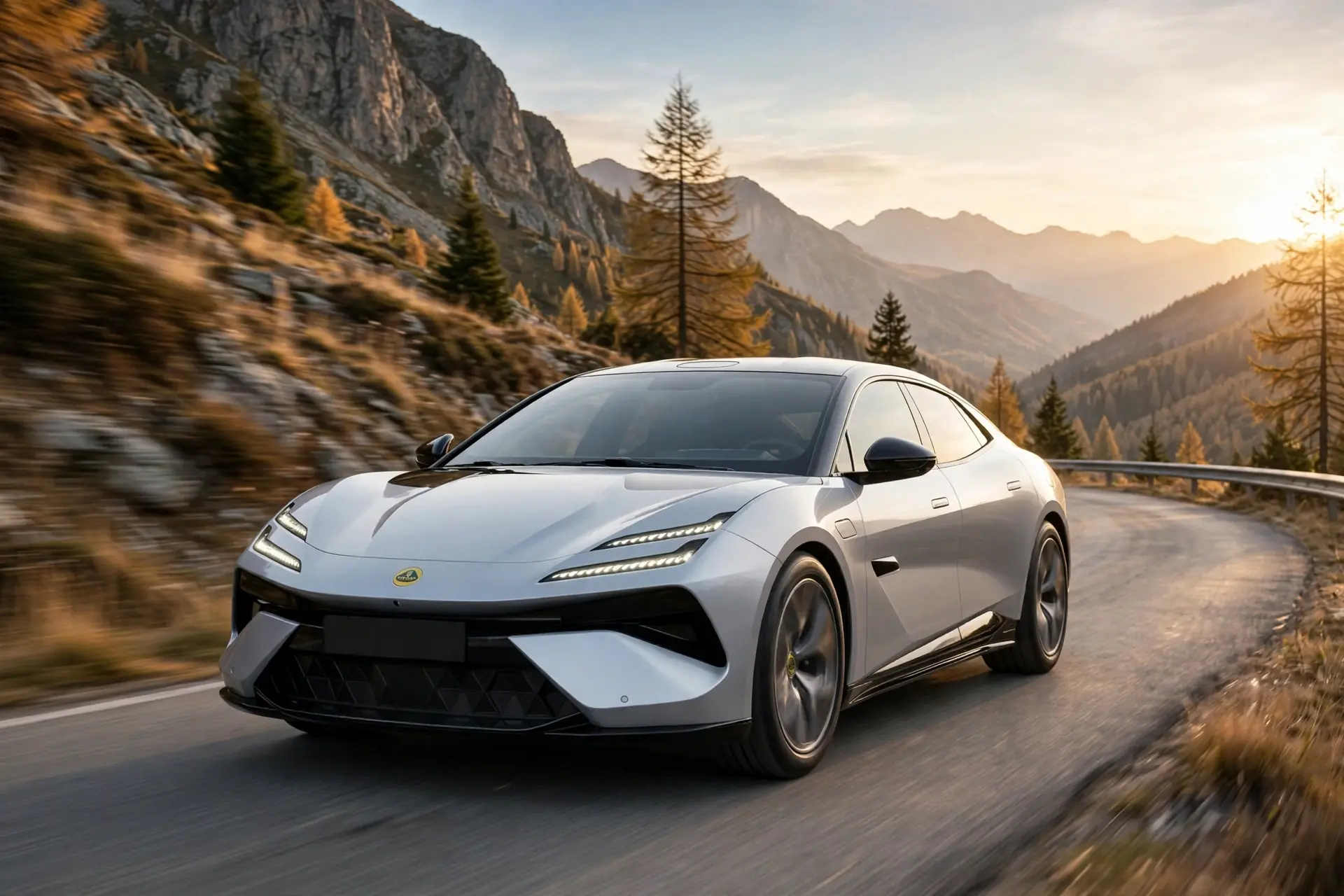 Lotus Emeya 600 GT plateado, tres cuartos delantero en carretera