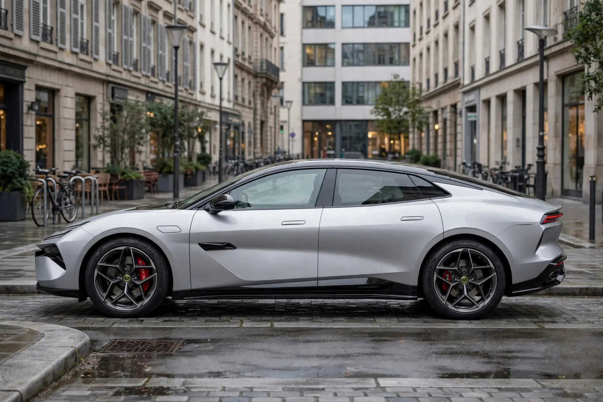 Lotus Emeya 600 GT, vista lateral en ciudad europea