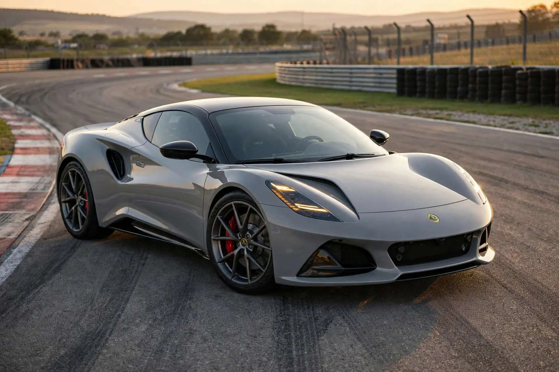 Lotus Emira Turbo SE gris, tres cuartos delantero en circuito