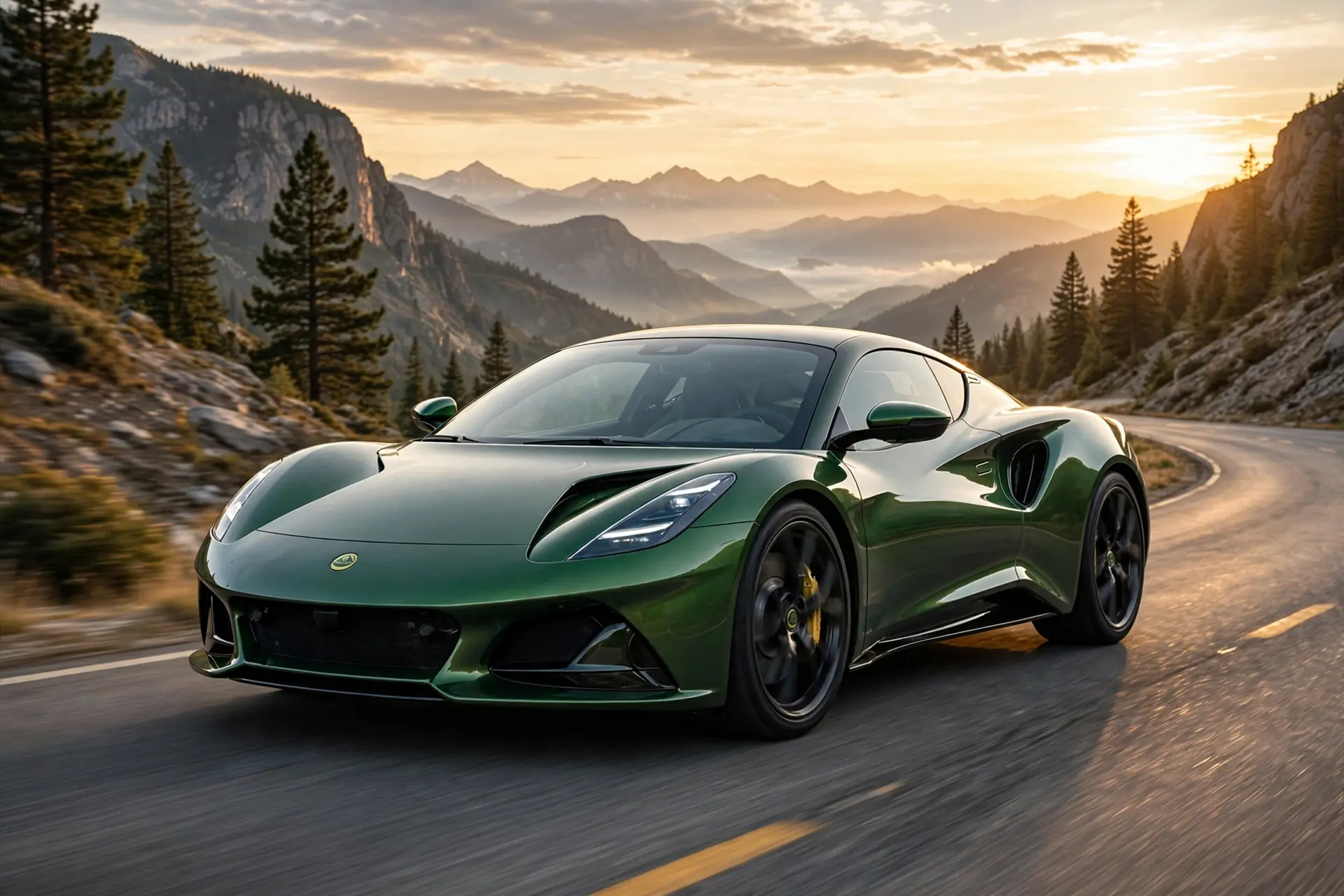 Lotus Emira V6 SE verde, tres cuartos delantero en carretera