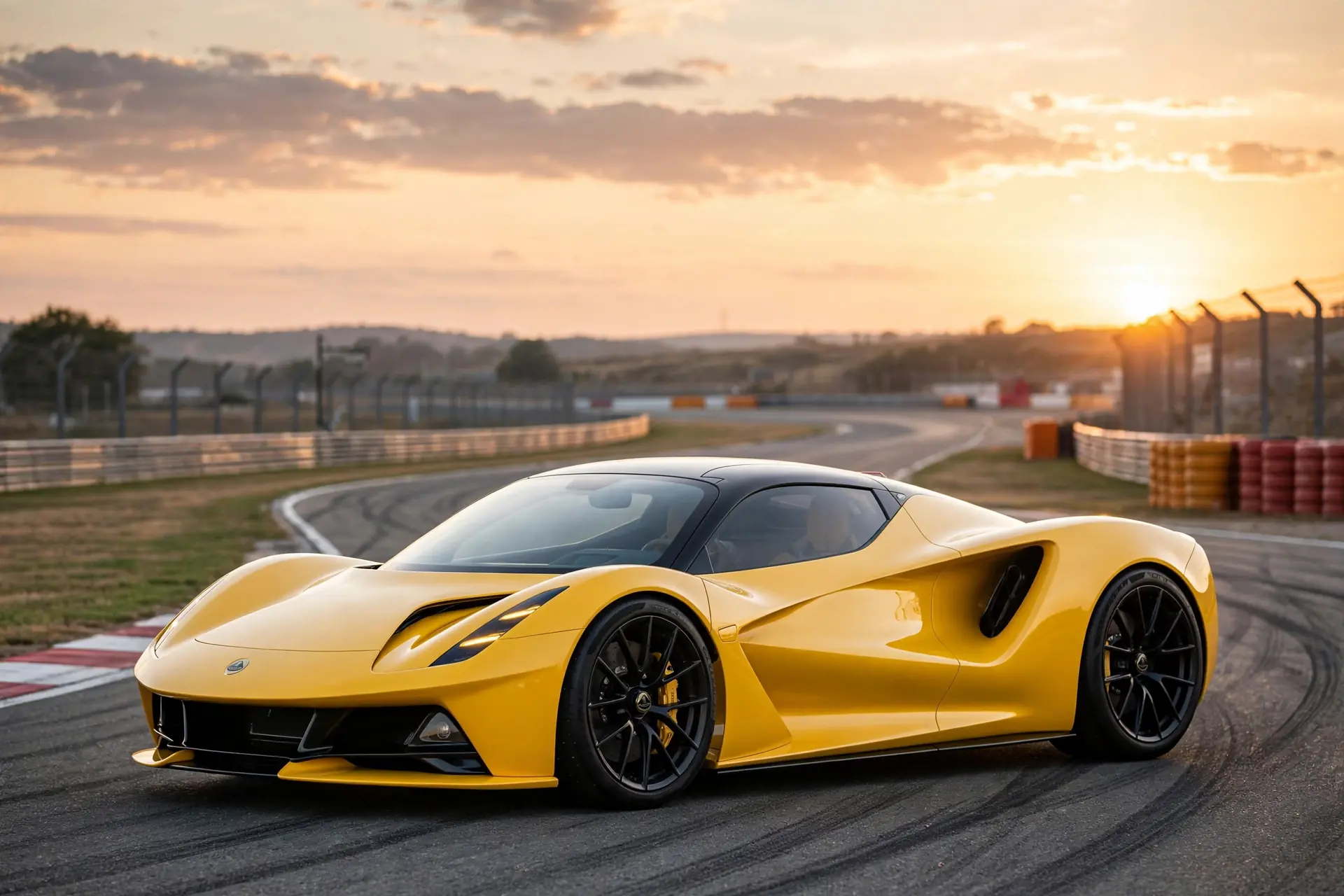 Lotus Evija amarillo, tres cuartos delantero en circuito al atardecer