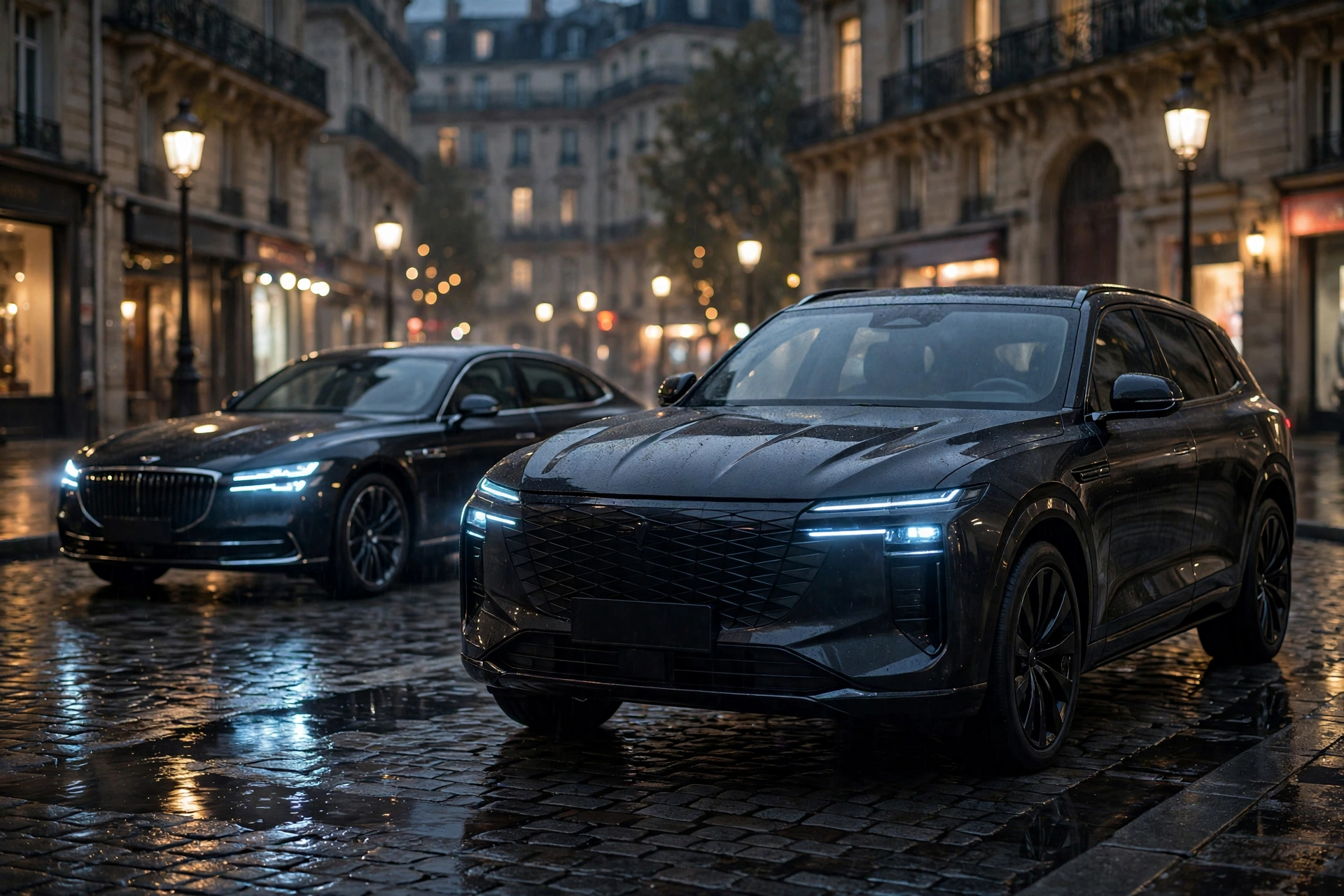 Berlina y SUV de lujo chinos en una calle europea de noche