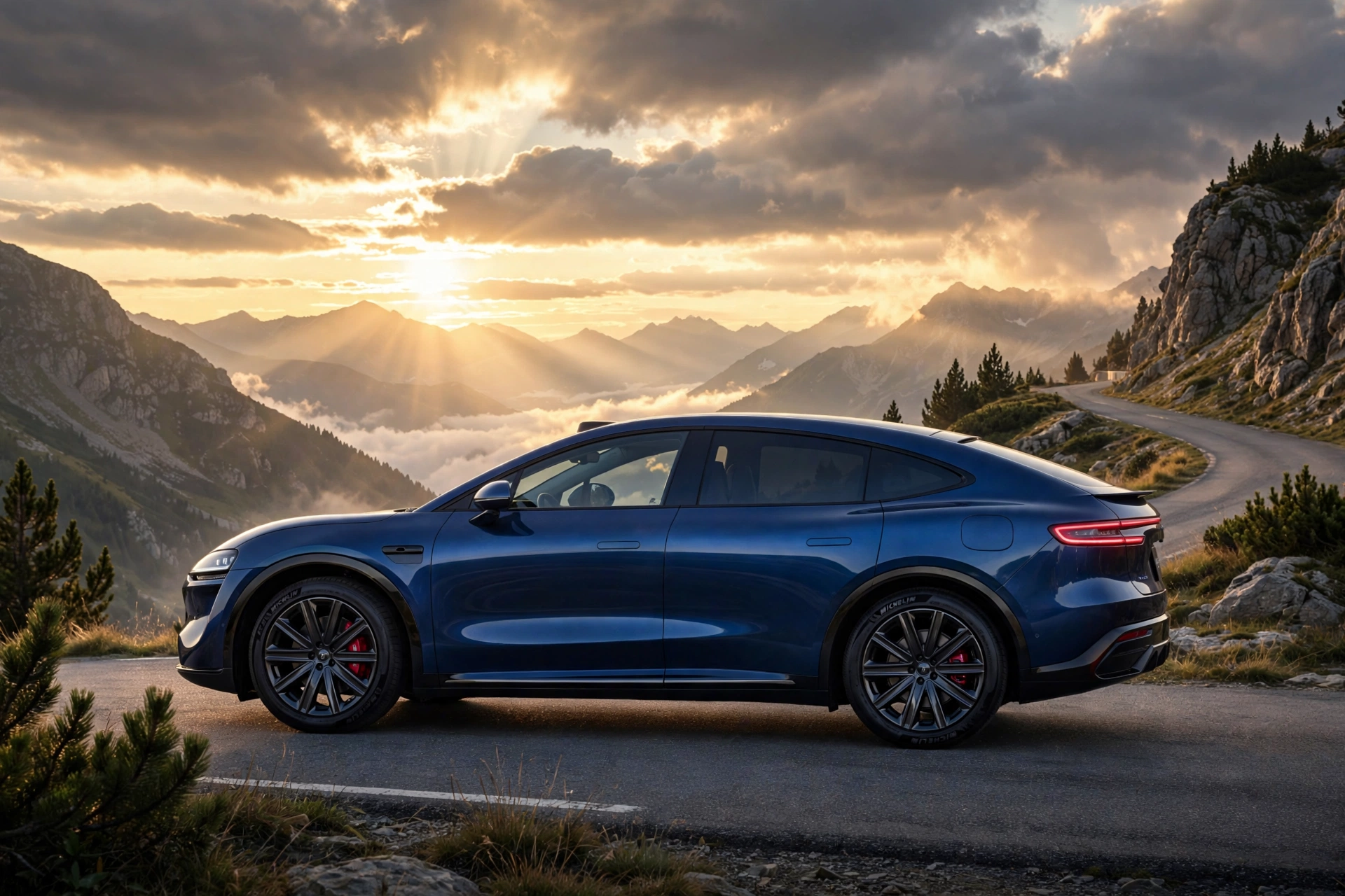 SUV coupé eléctrico Luxeed R7 de Huawei y Chery en azul metalizado en una carretera de montaña al atardecer