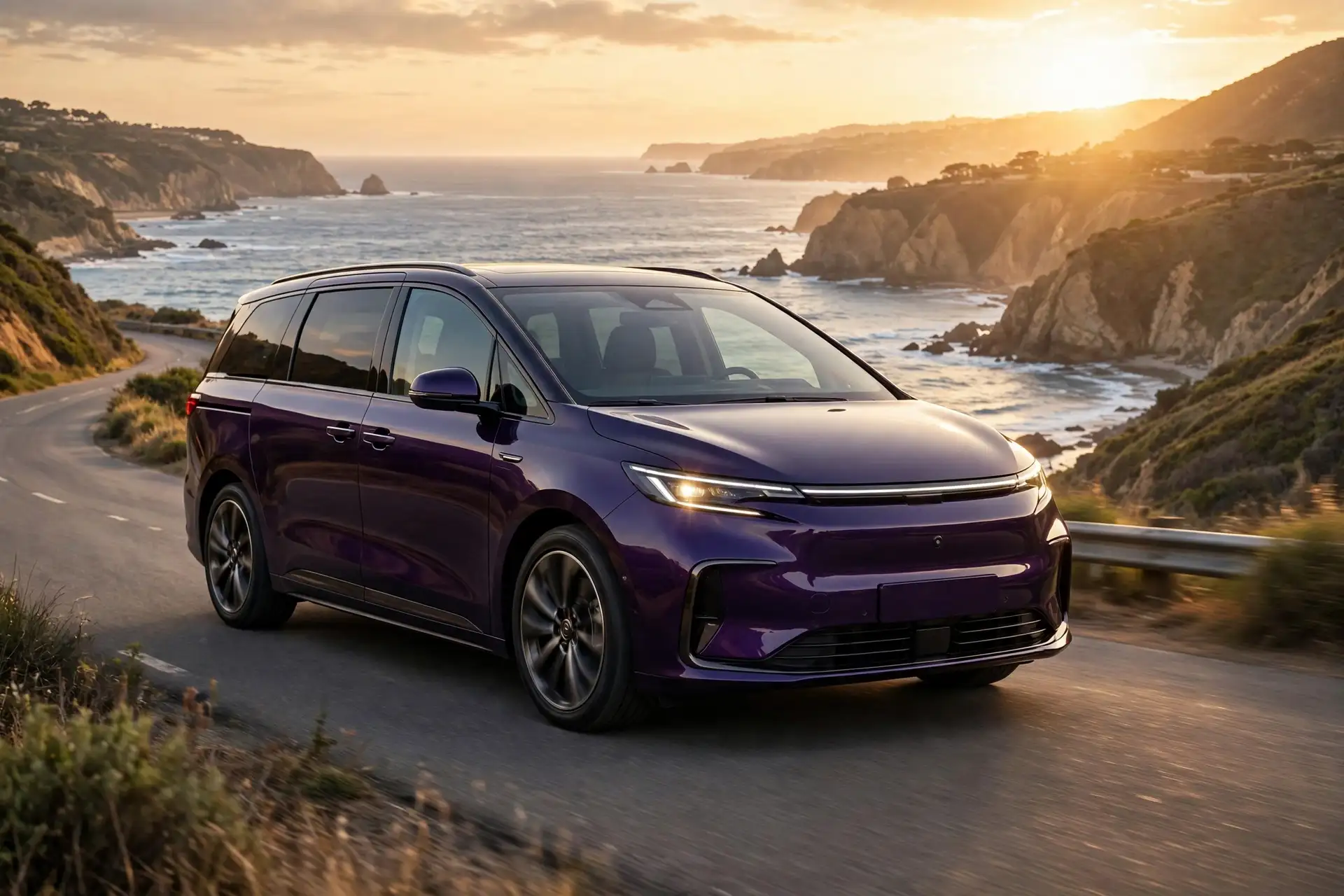 Luxeed V9, monovolumen en carretera costera al atardecer