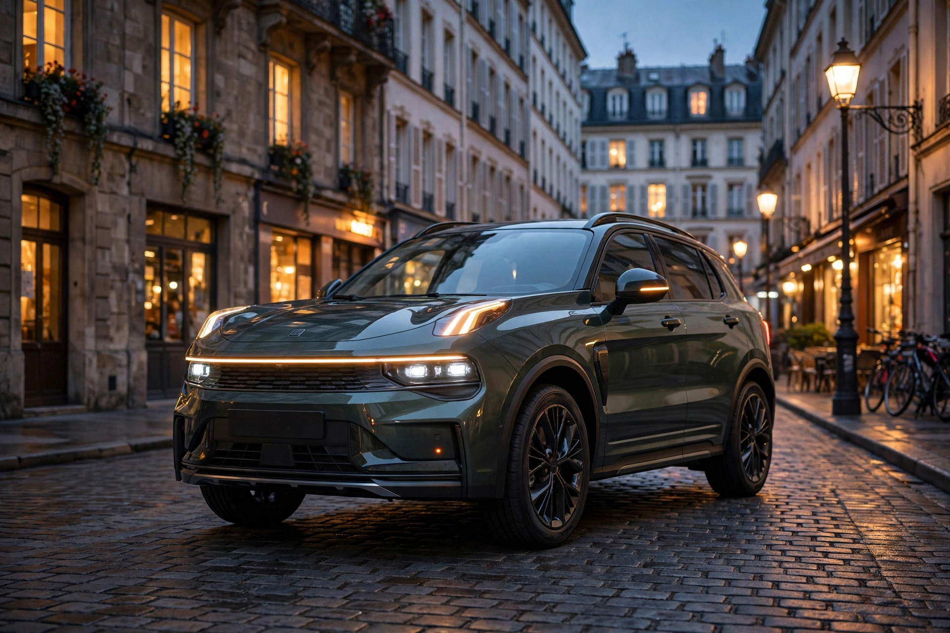 Lynk & Co 01 híbrido enchufable verde oscuro aparcado en una calle europea al atardecer
