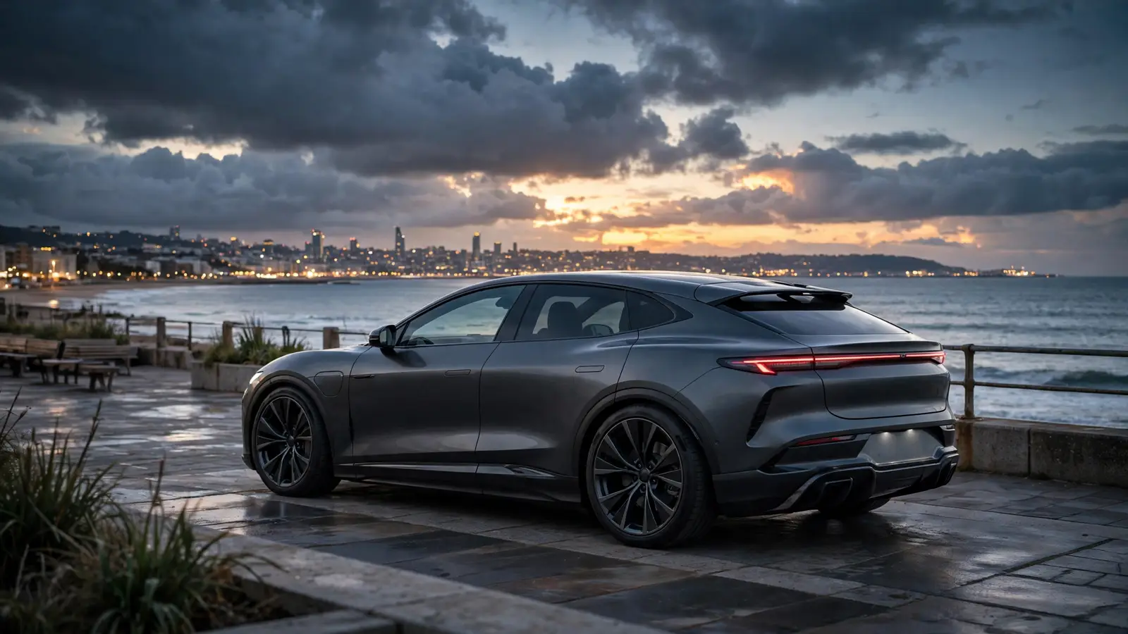 Crossover eléctrico gris oscuro aparcado en un paseo marítimo al atardecer con luces de ciudad al fondo