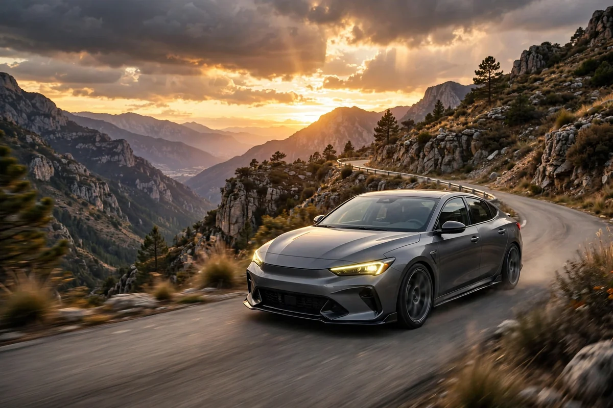 Lynk & Co 03 berlina deportiva gris circulando por una carretera de montaña