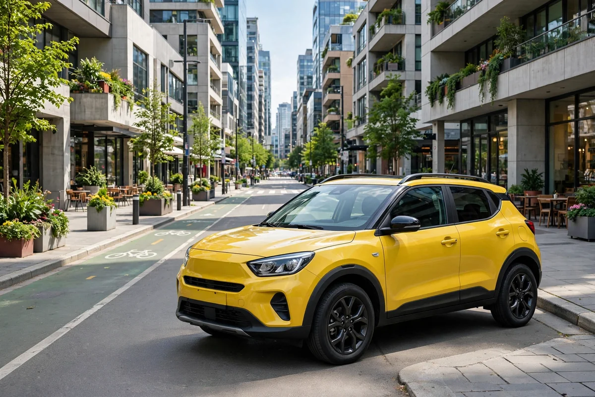 Lynk & Co 06 EM-P SUV compacto híbrido enchufable amarillo en una calle urbana