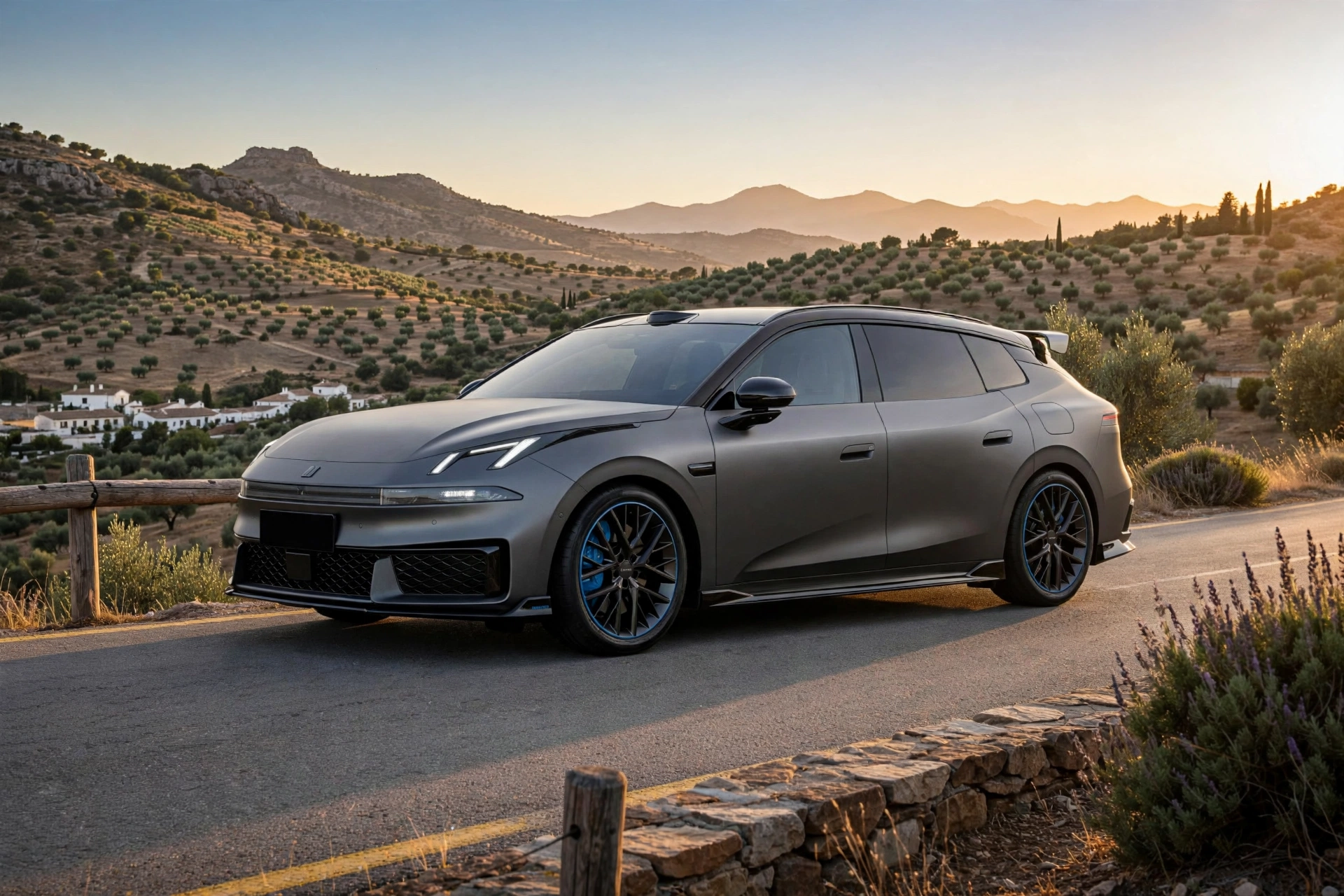 Lynk & Co 07 GT en tres cuartos delantero al atardecer, imagen editorial