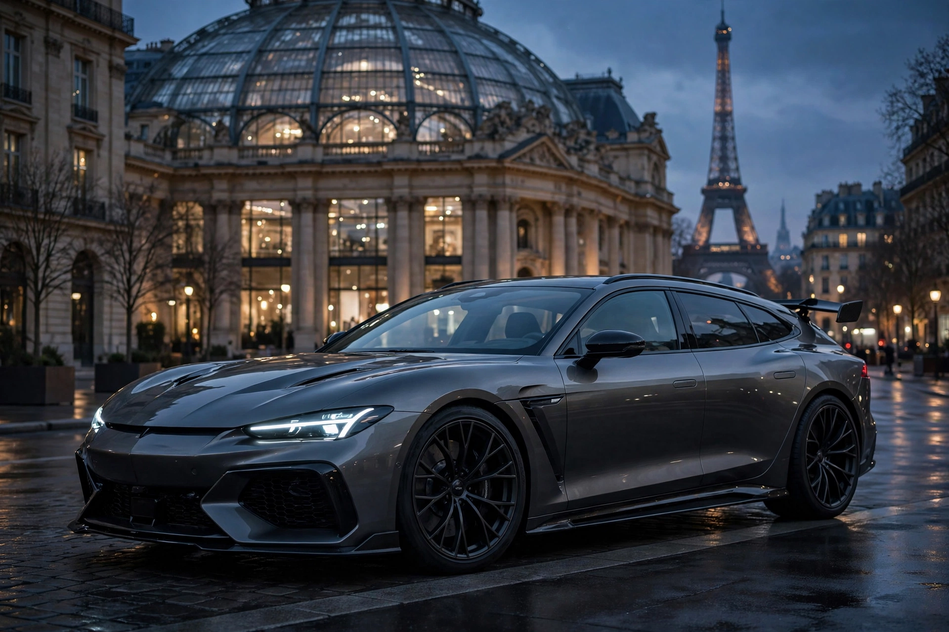 Familiar deportivo gris oscuro de estilo premium circulando por una calle de París al atardecer con la Torre Eiffel de fondo