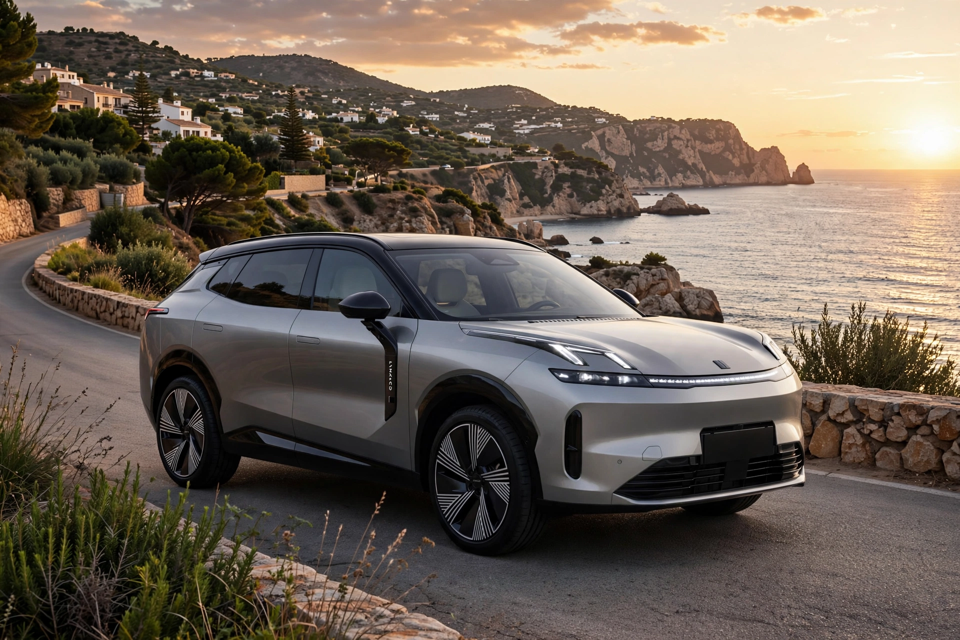 Lynk & Co 08 SUV híbrido enchufable plateado en una carretera de costa española al atardecer