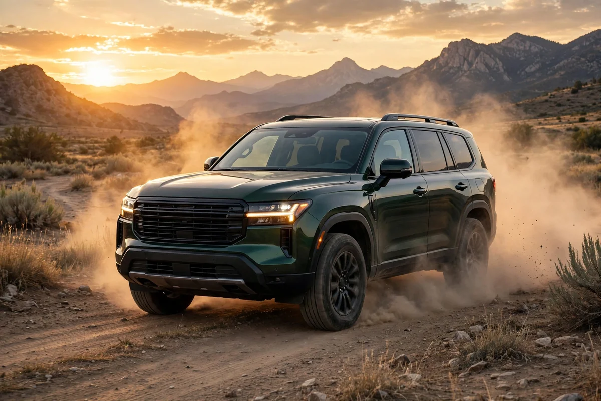 Lynk & Co 09 SUV de 7 plazas en una pista de tierra al atardecer
