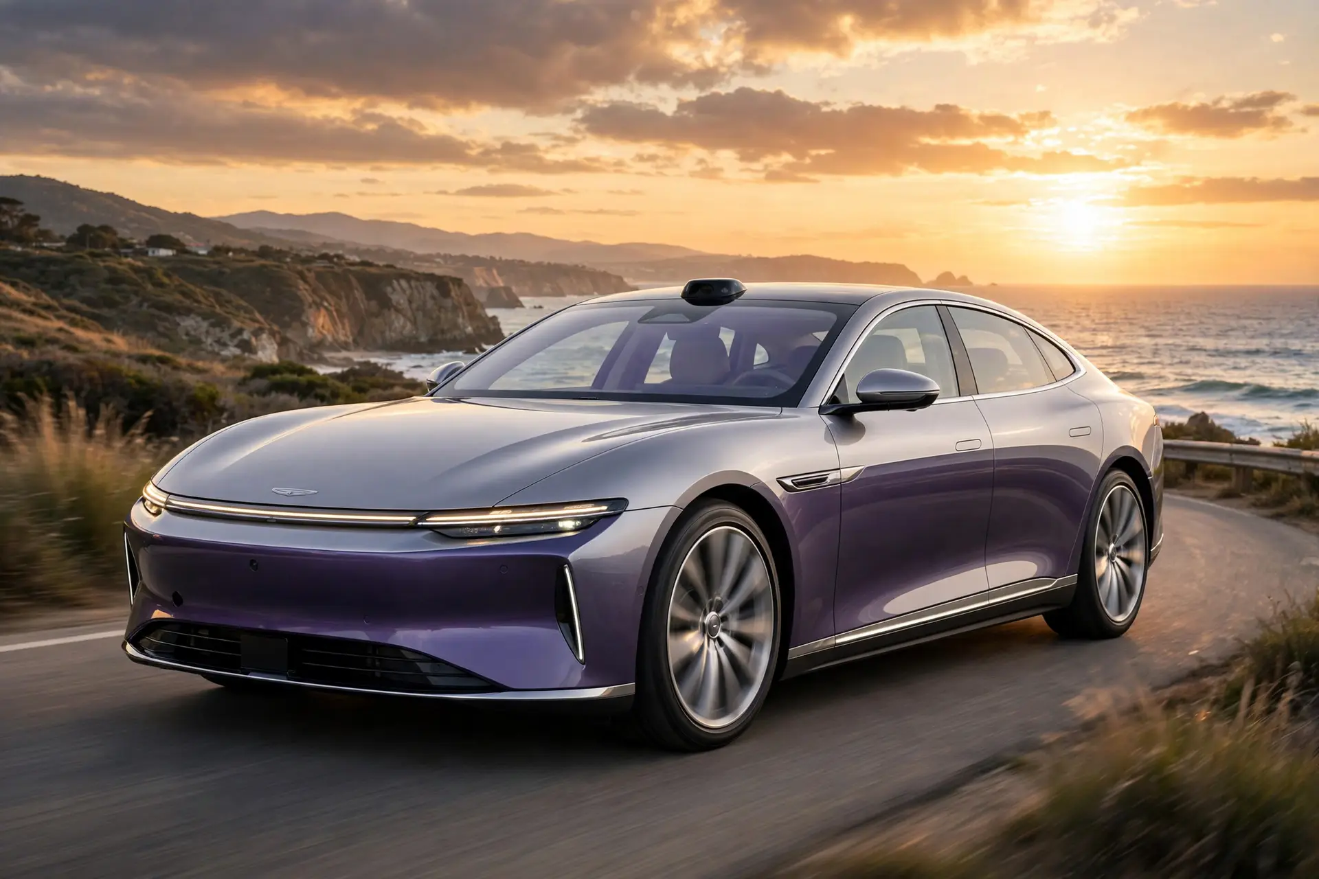 Maextro S800 eléctrico, tres cuartos delantero en carretera costera