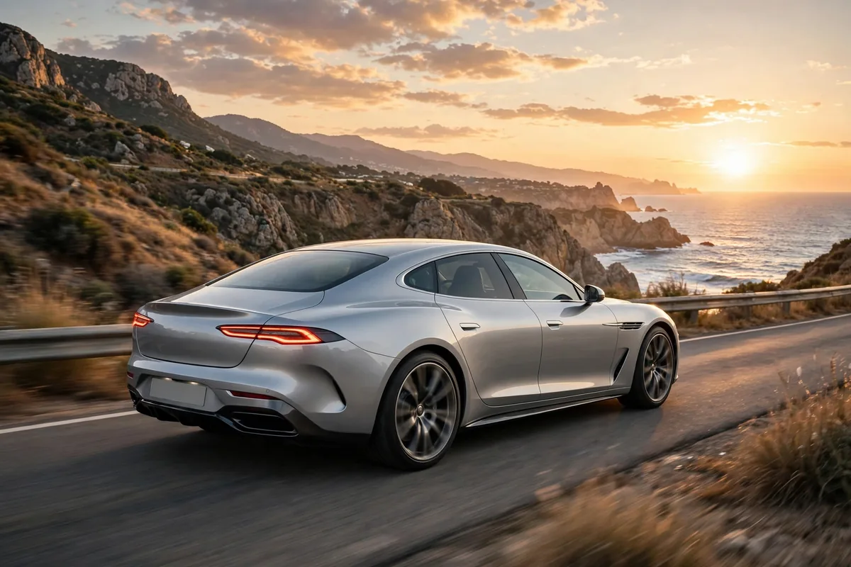 Maserati Ghibli GT plateado en costa