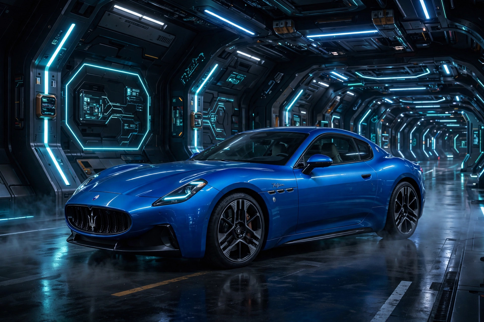 Maserati GranTurismo Folgore 2027 azul eléctrico en túnel futurista