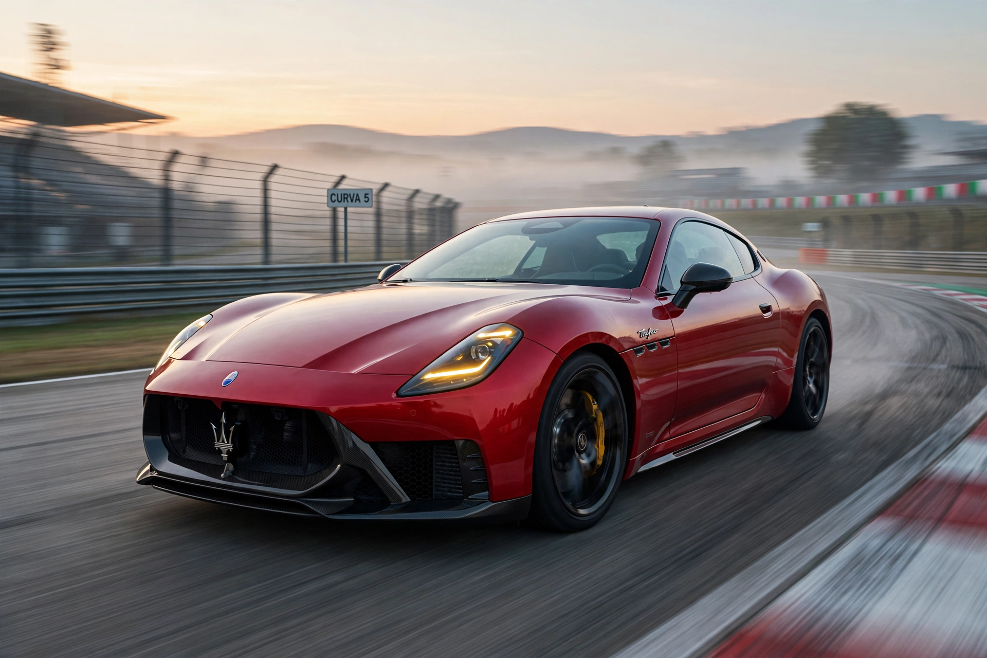 Maserati GranTurismo Trofeo 2027 rojo en circuito al amanecer
