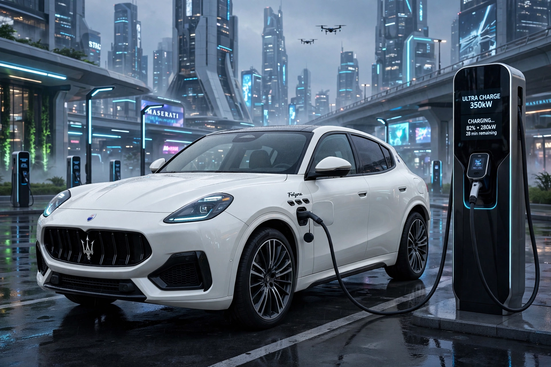 Maserati Grecale Folgore 2027 blanco cargando en estación ultrarrápida