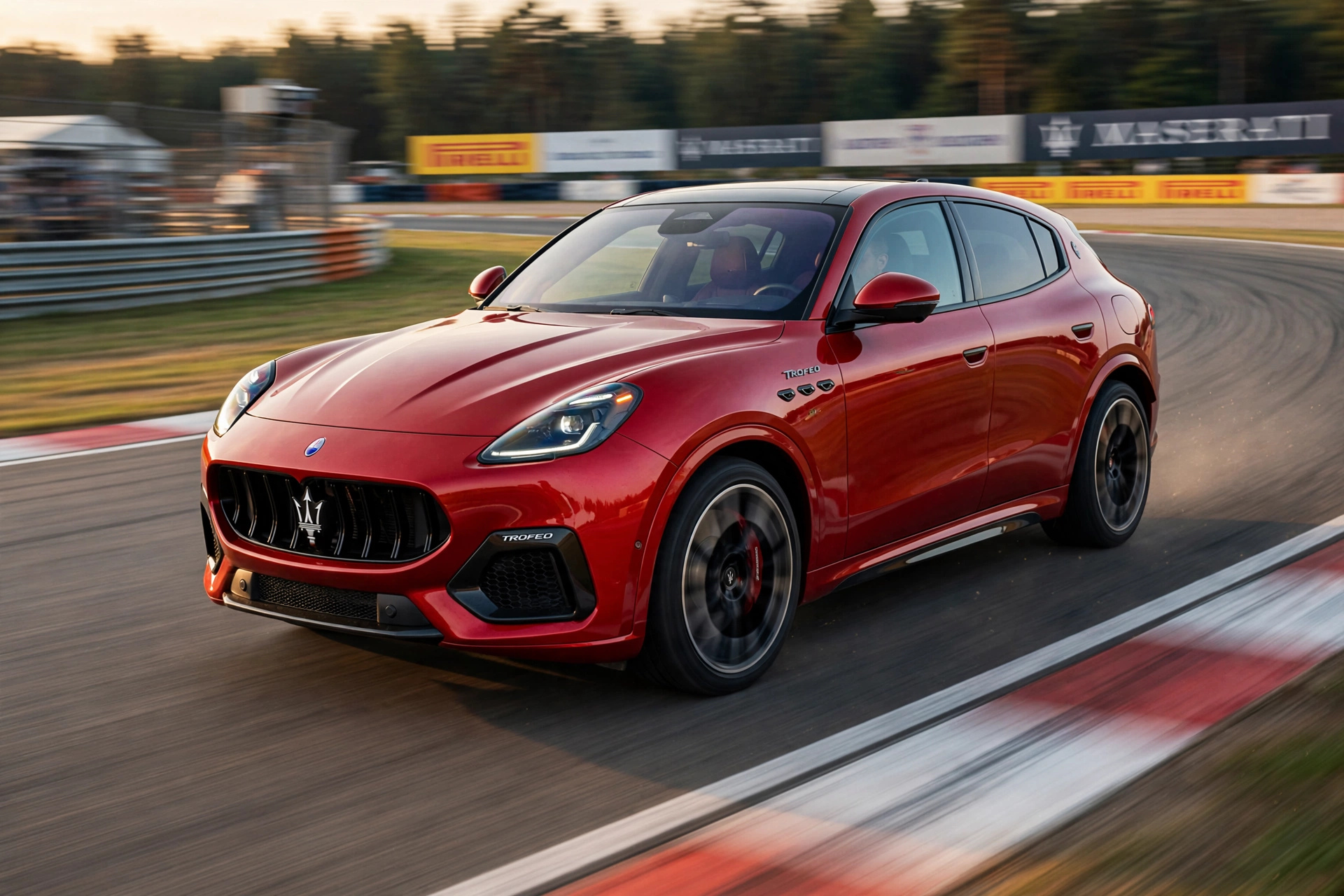 Maserati Grecale Trofeo 2027 rojo en circuito al amanecer