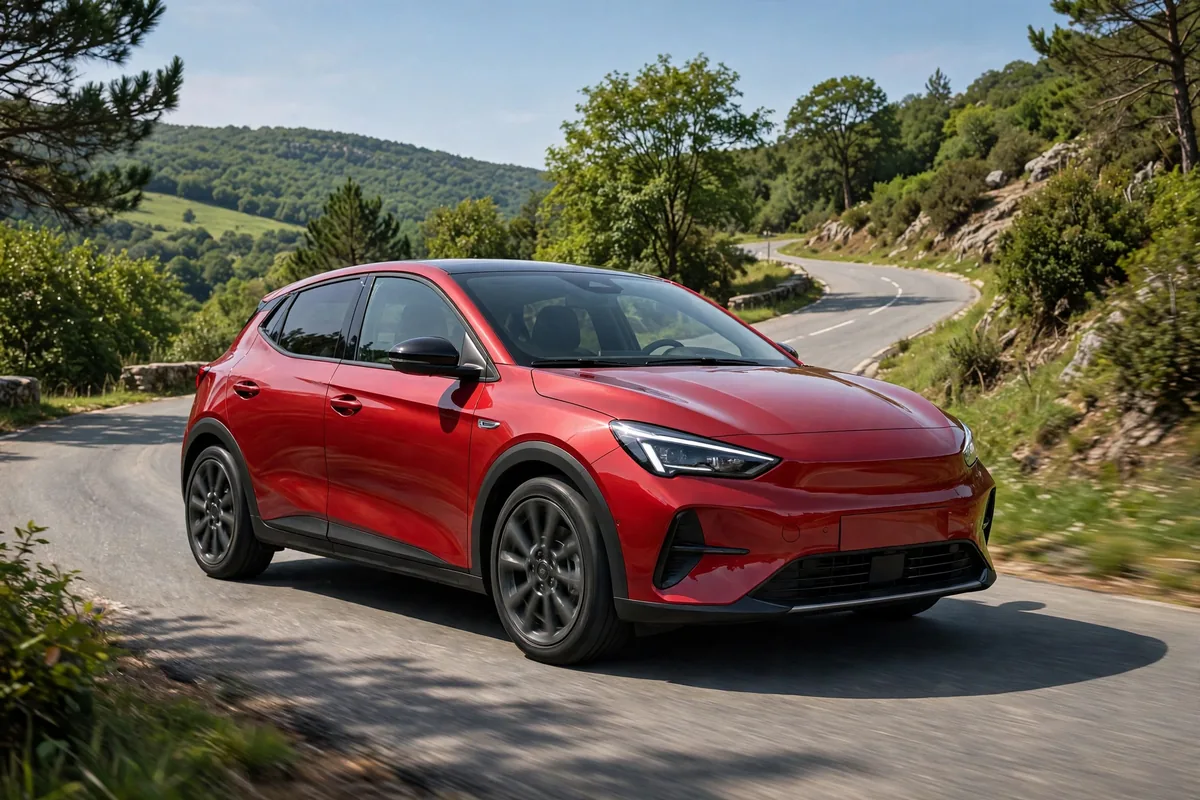 Mazda2 rojo circulando por una carretera secundaria
