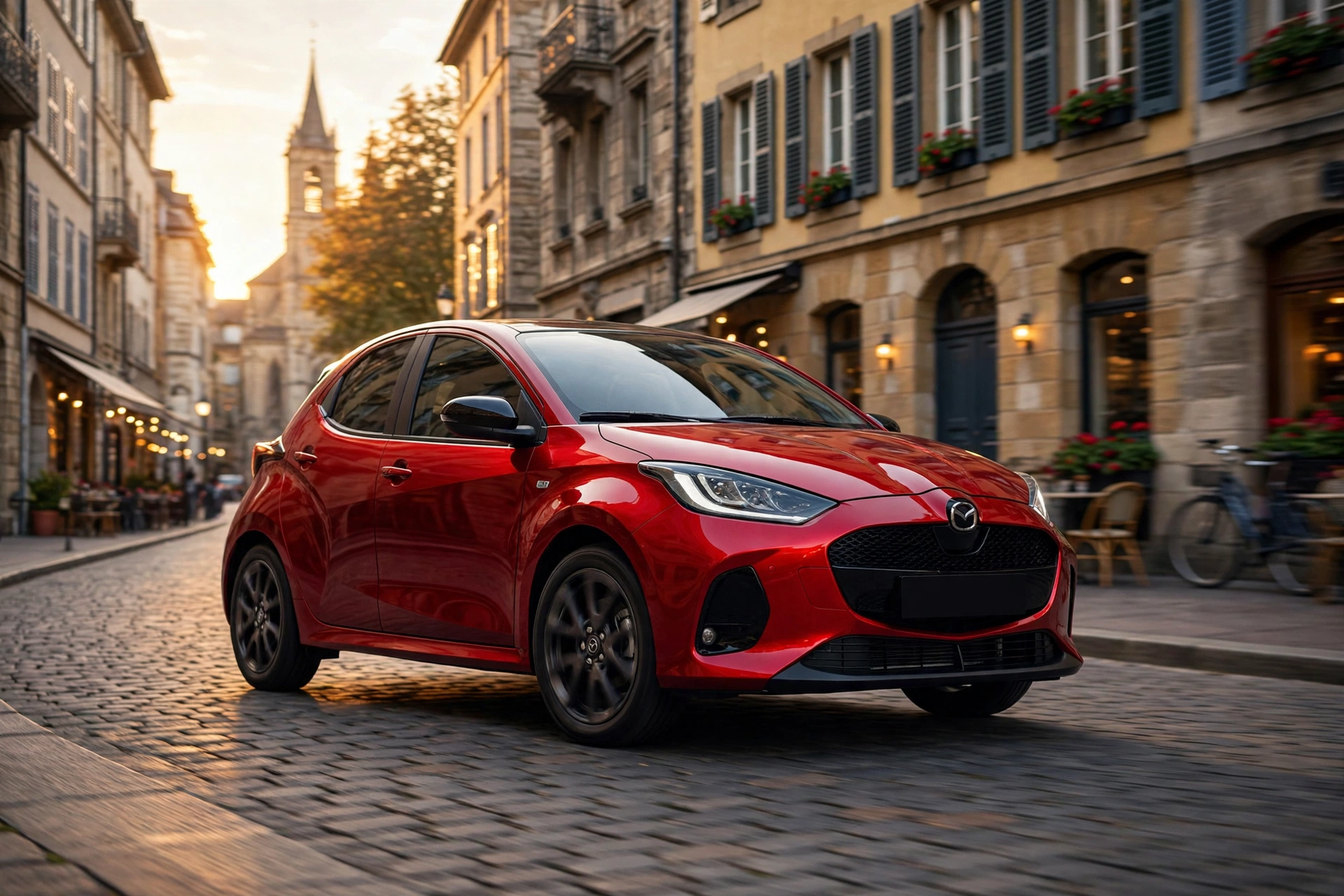 Mazda2 Hybrid 2026 rojo en una calle europea