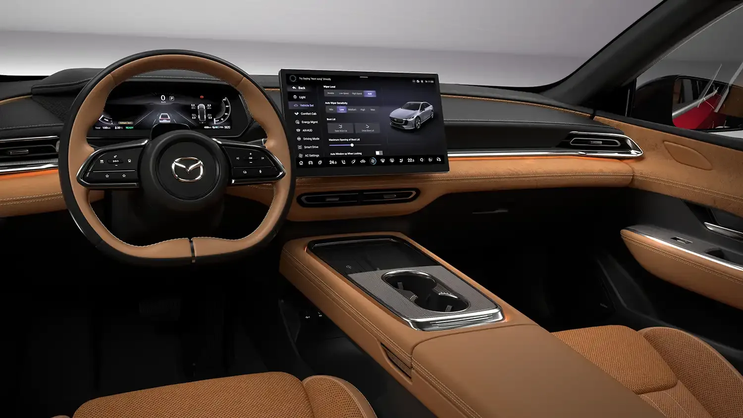 Mazda 6e 2027, tres cuartos delantero en gris plata (foto oficial)