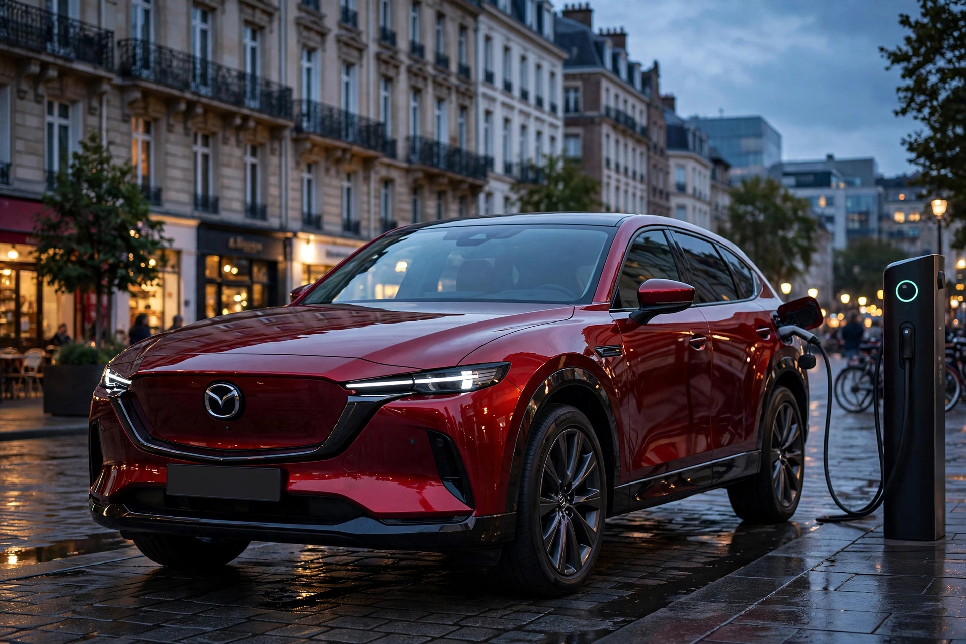 Mazda CX-6e eléctrico rojo cargando al atardecer