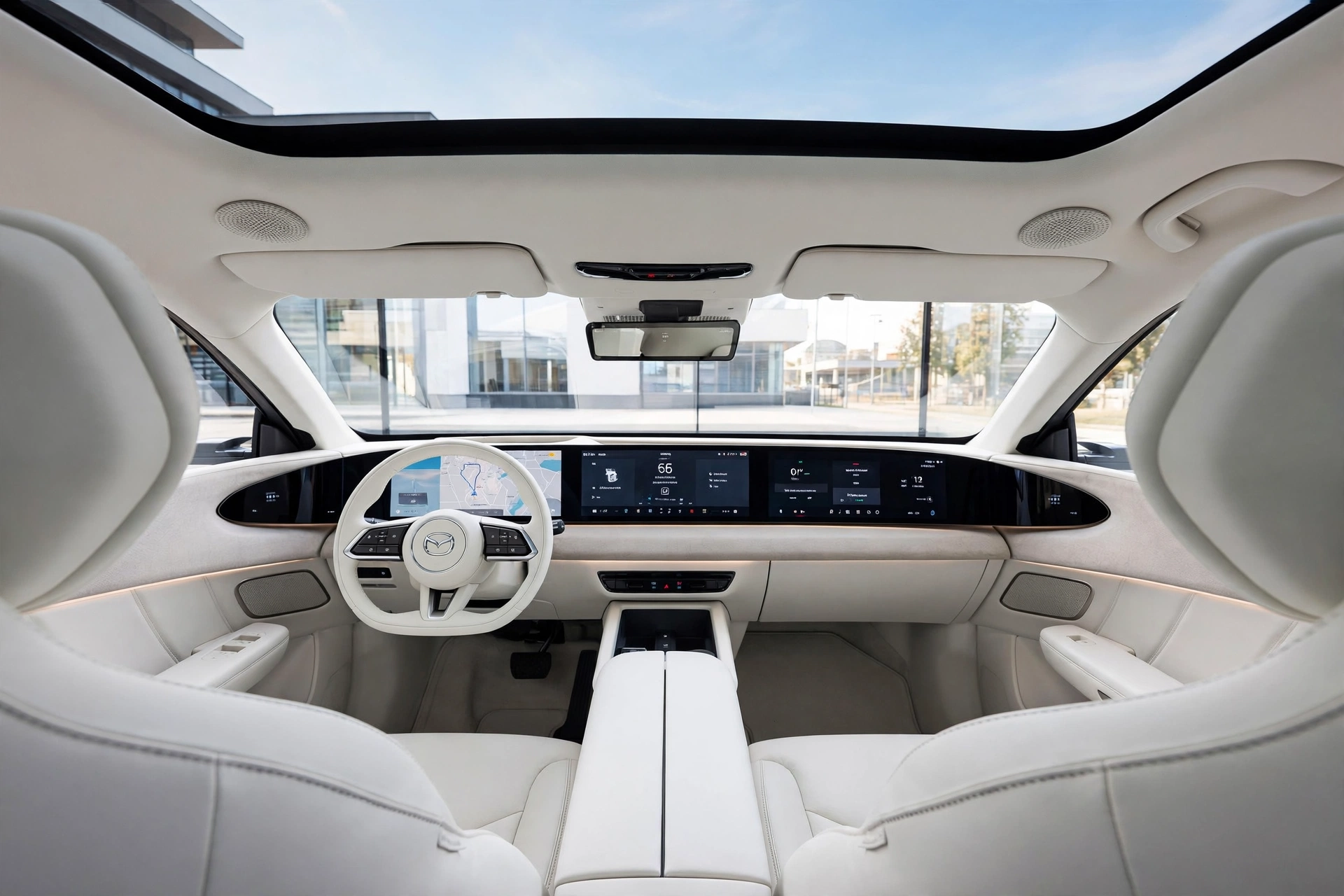 Interior del Mazda CX-6e 2026 con pantalla de 26 pulgadas