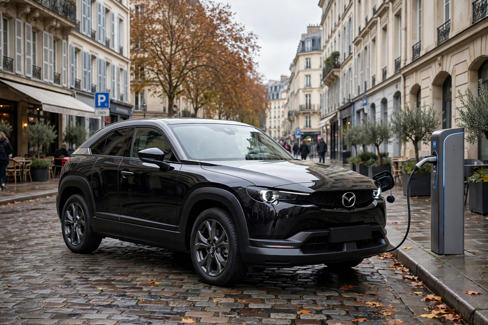 Mazda MX-30 R-EV negro cargando en una ciudad europea