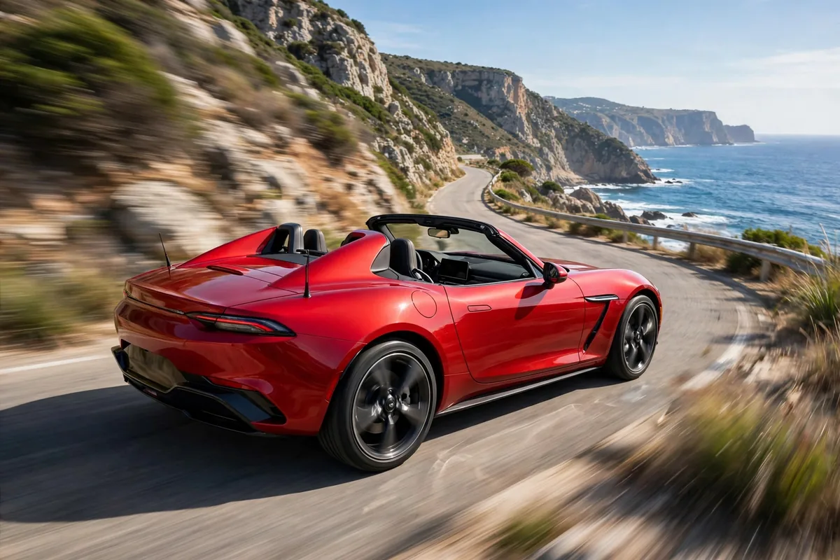 Mazda MX-5 rojo descapotable circulando por una carretera de montaña