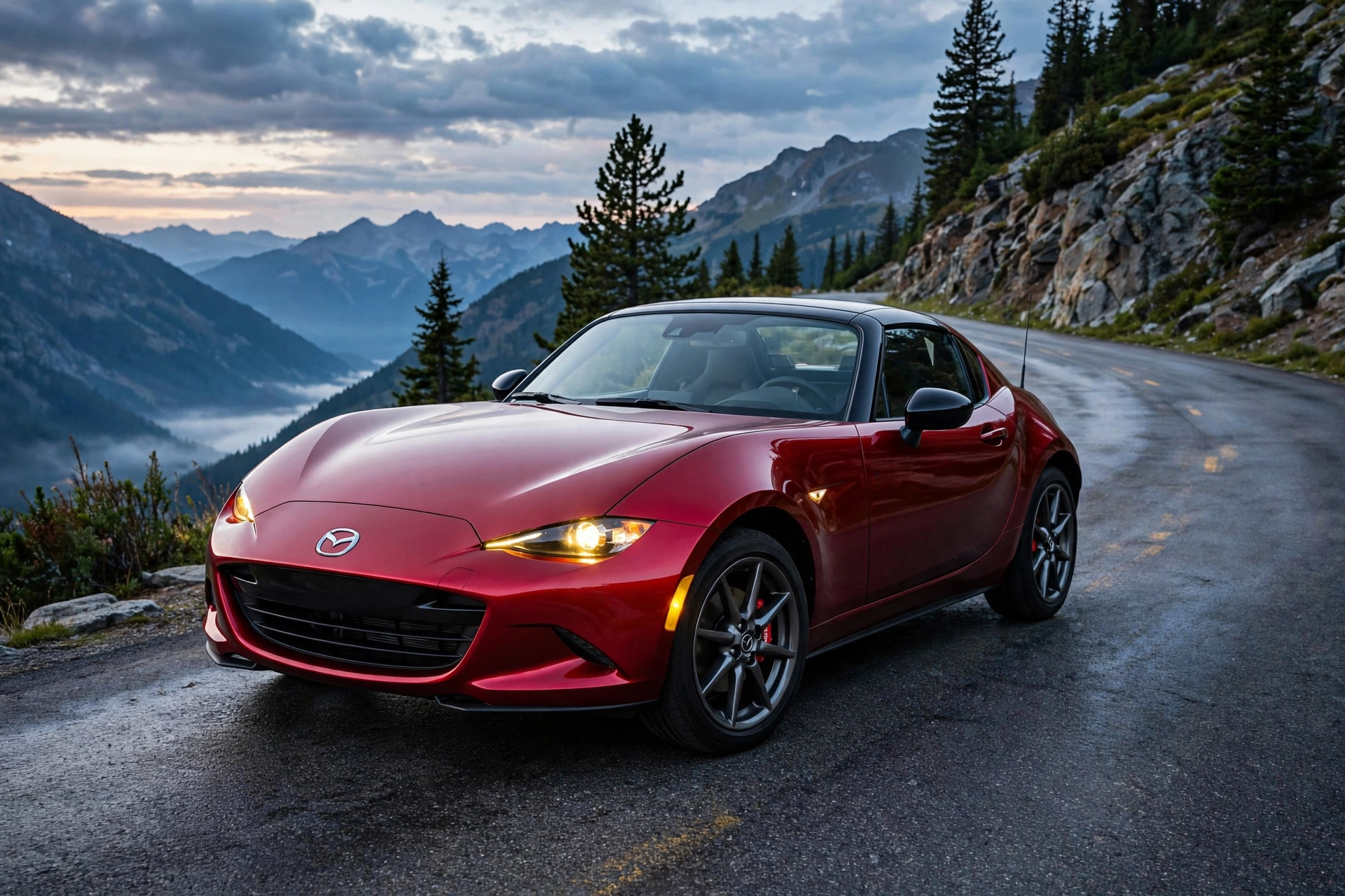 Mazda MX-5 RF rojo con techo cerrado en puerto de montaña