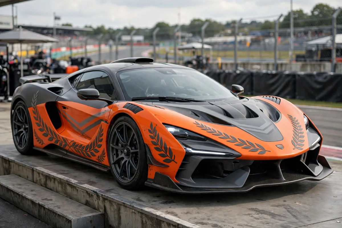 McLaren 750S MCL38 Celebration Edition en papaya en circuito