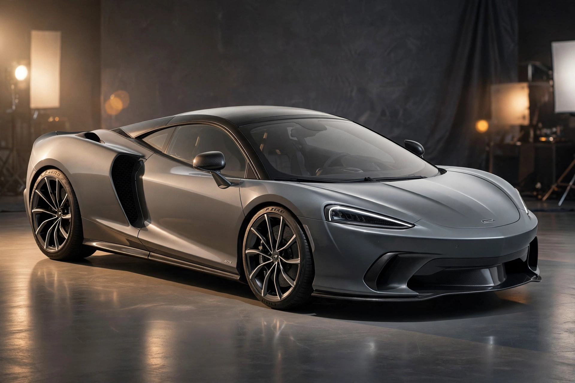 McLaren GTS gris, vista lateral en estudio