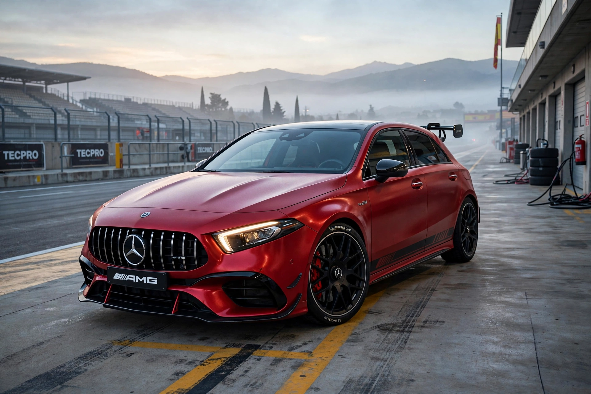 Mercedes-AMG A 45 S 4MATIC+ compacto deportivo en color gris magno, vista tres cuartos