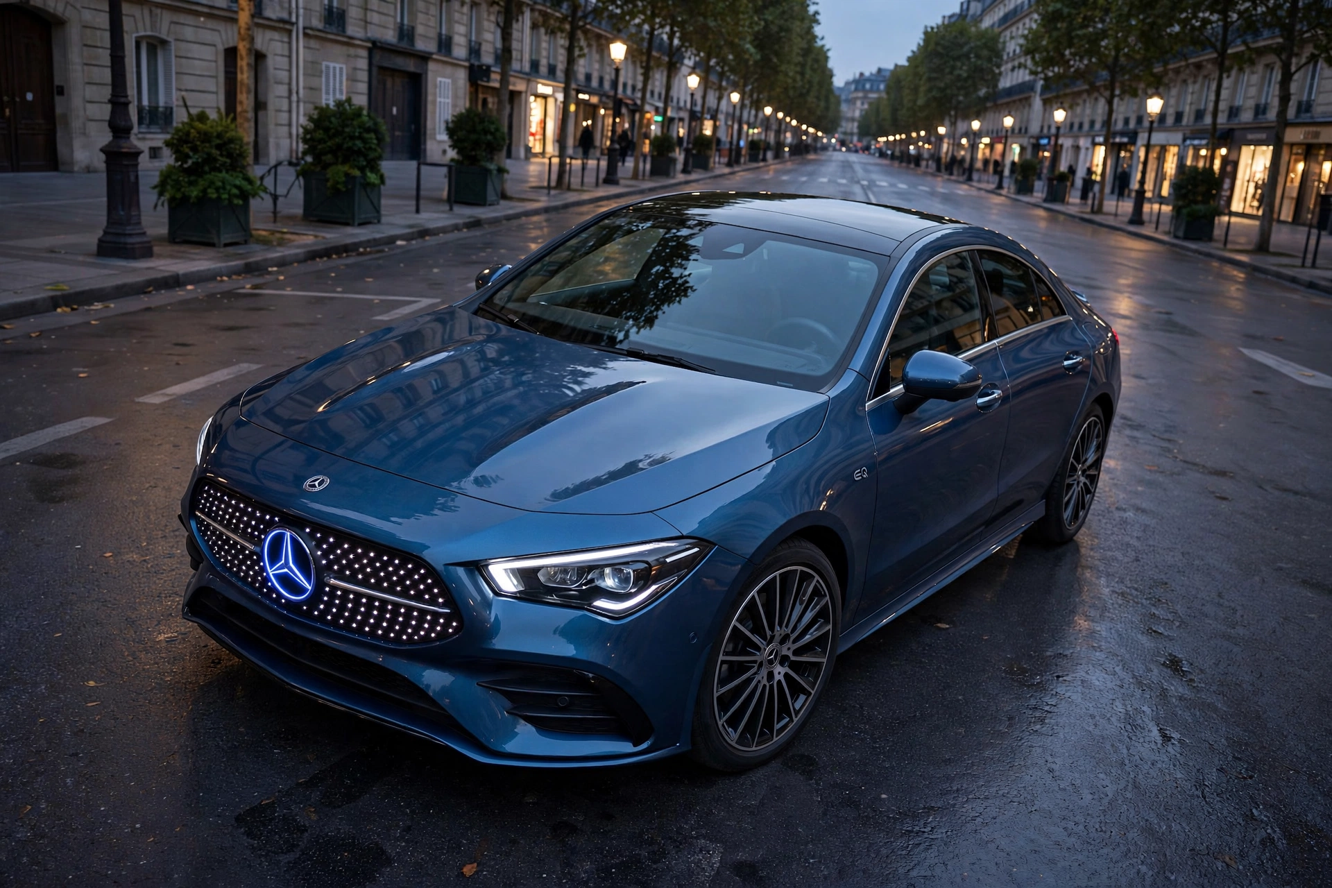 Nuevo Mercedes CLA 200 eléctrico 2025, berlina coupé en color azul, vista tres cuartos
